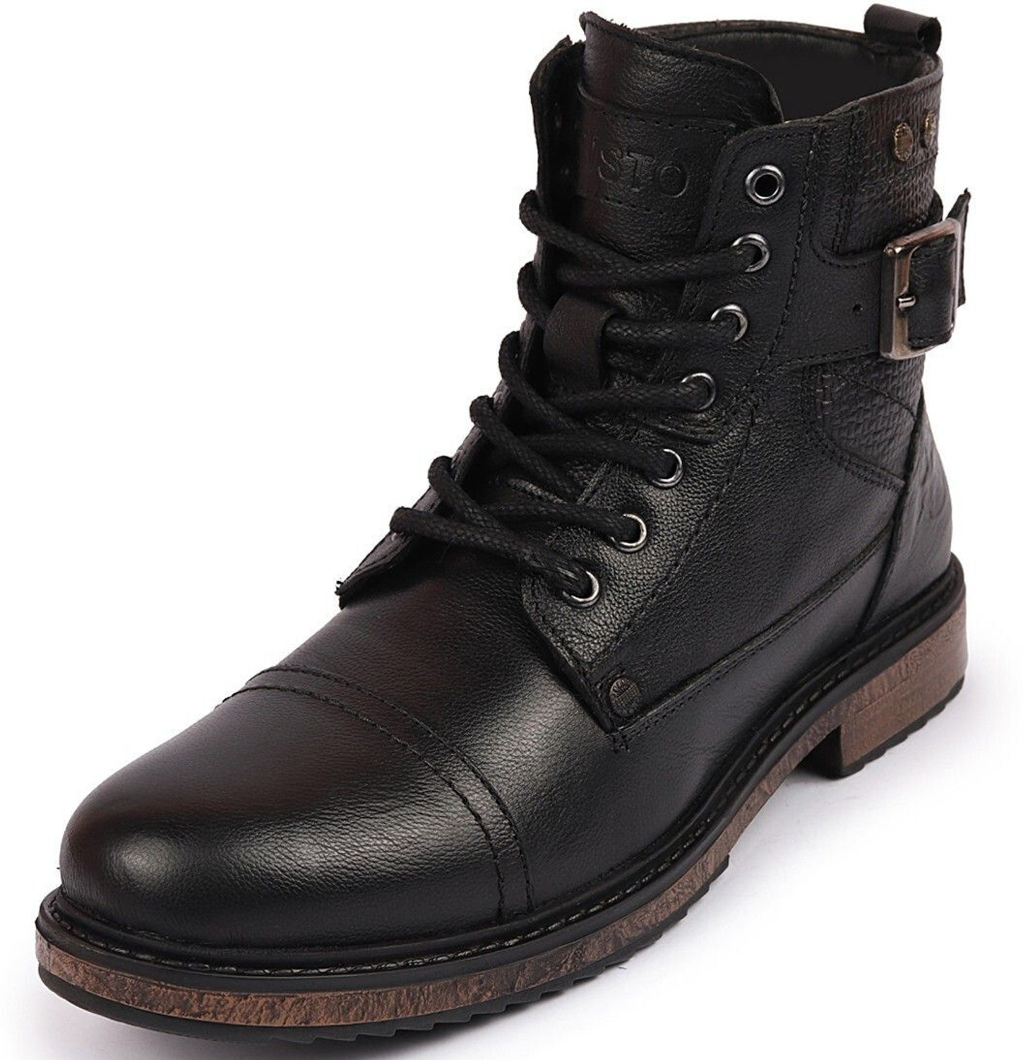 Image of FAUSTO High Top Genuine Leather 7-Eye Lace Up Buckle Strap Work Cap Toe Winter Flat Boots For Men