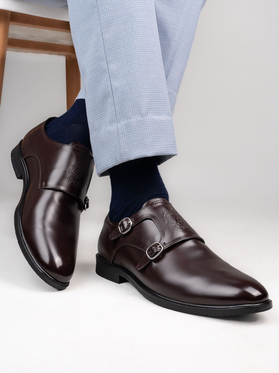Image of ALBERTO TORRESI Alberto Torresi Men's Brown Synthetic Double Monk Strap Formal Shoe Monk Strap For Men