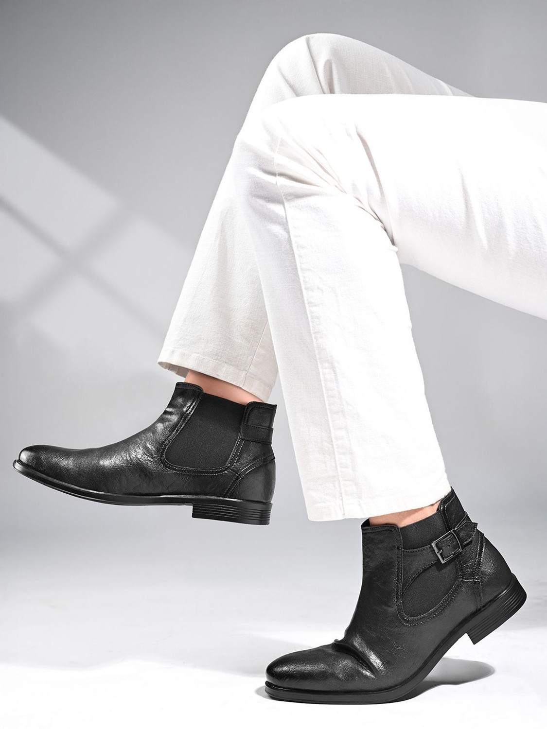 Image of LOUIS STITCH Black Mid-Top Ankle Shrunken Chelsea Boots for Men with Side Buckle, UK-9 Boots For Men