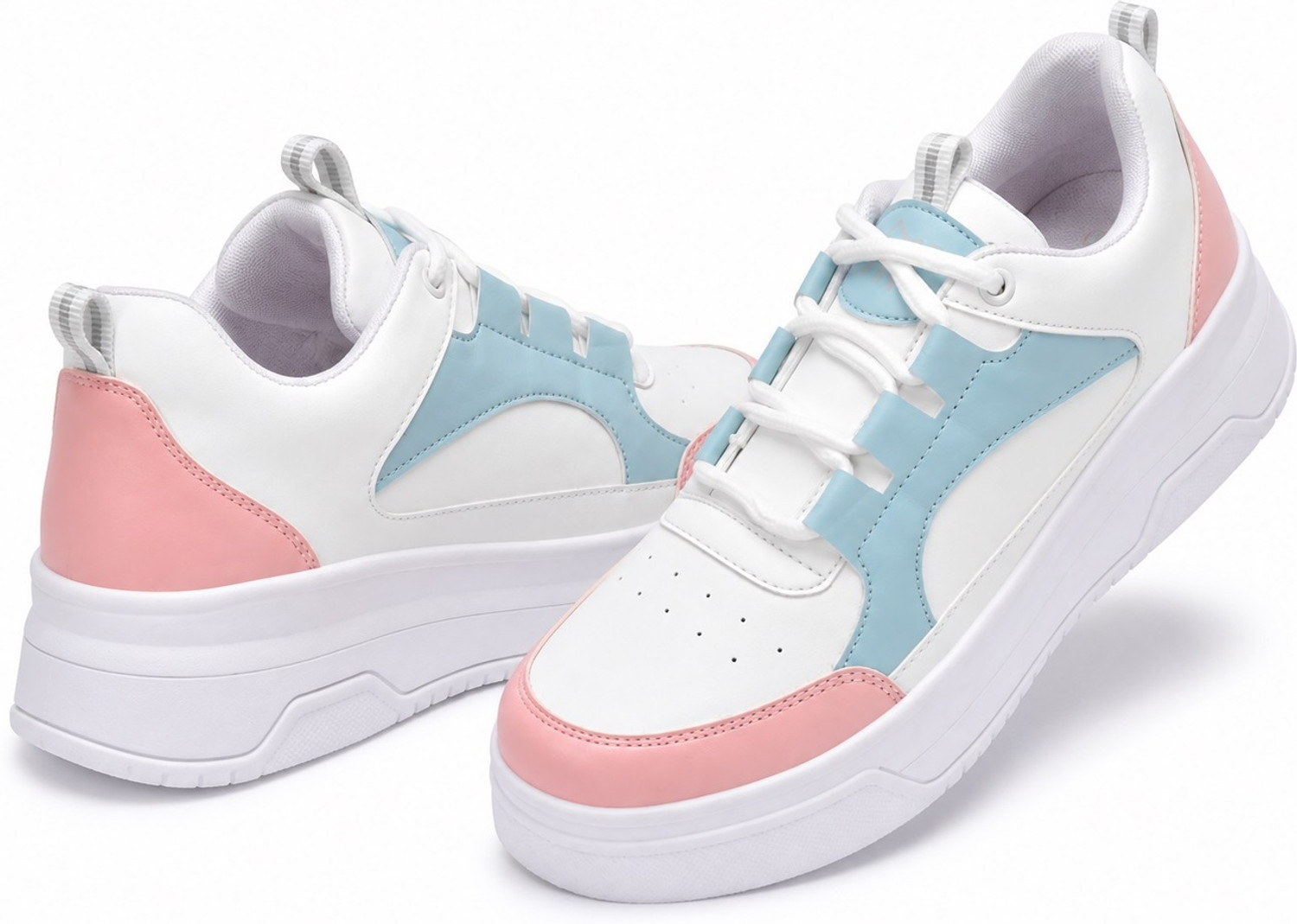 Image of GANARRUK Women's Stylish White Pink Blue Lace Up Sneakers Casual Walking Sports Shoes Casuals For Women