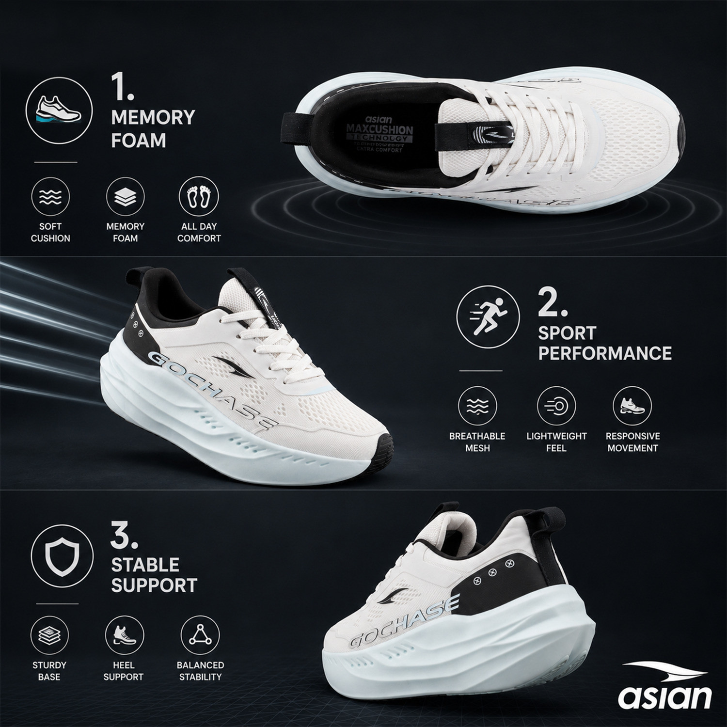 Image of asian Aerofoam-01 Men's Running Shoes with Mesh Upper and Energy Return Sole Running Shoes For Men