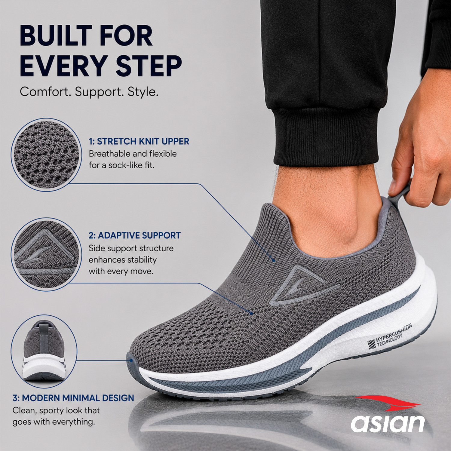 Image of asian Hypercushion Walk-01 Mens Walking Shoes|Responsive E-TPU Sole Lightweight Loafers For Men
