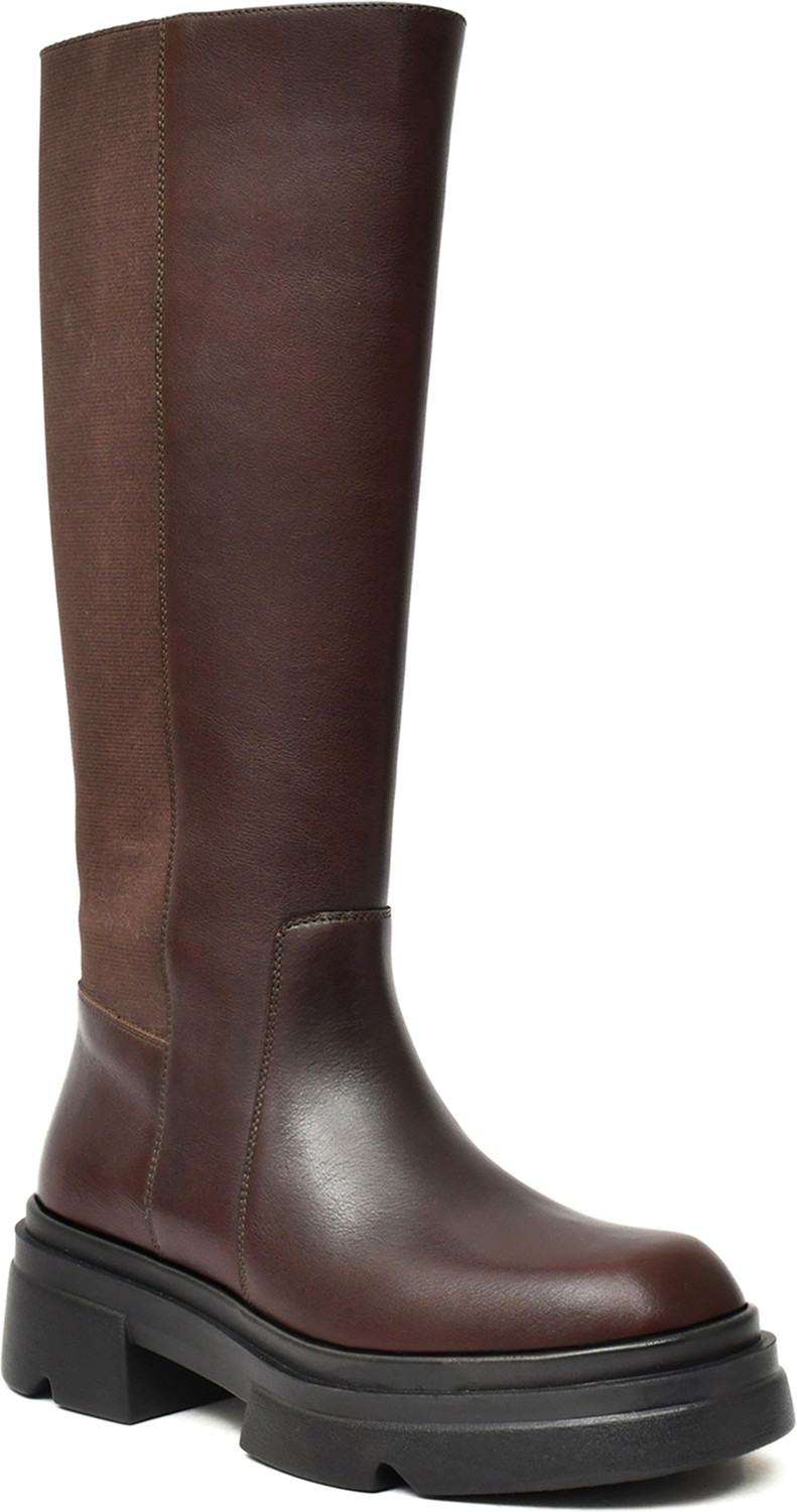 Image of Nico Nerini Women's Knee-High Brown Leather Boots Chunky Platform and Side Stretch Panel Boots For Women