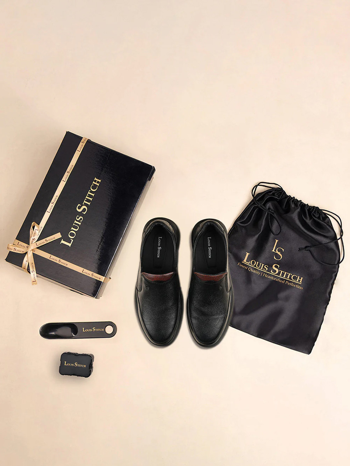 Image of LOUIS STITCH Black Genuine Leather Slip-On Shoes for Men, LSLXPDMCJB Mocassin For Men