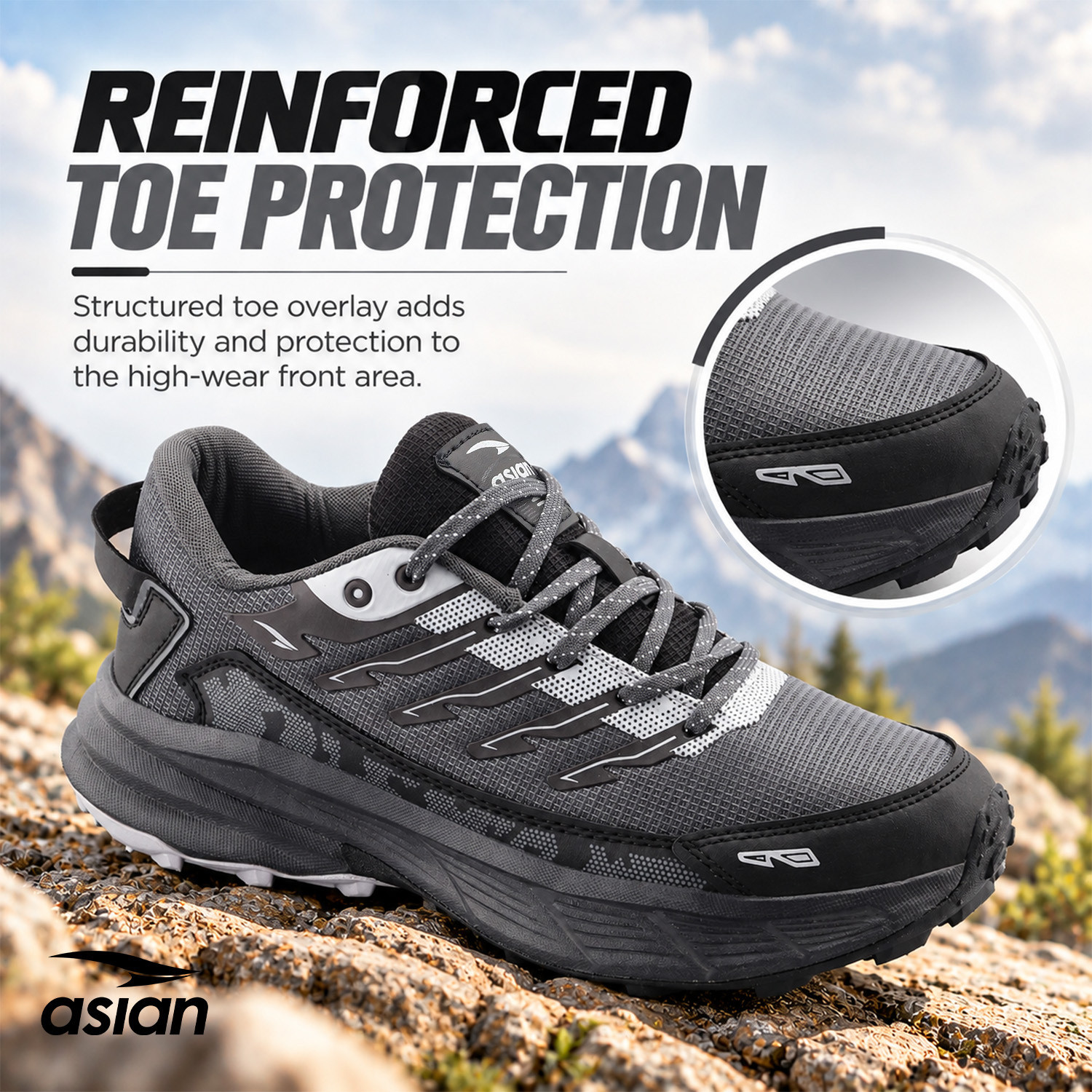 Image of asian Boss-34 Men's Sports Shoes | Cushioned Memory Insole & Outsole for Running & Gym Hiking & Trekking Shoes For Men (Grey, Black, 10)