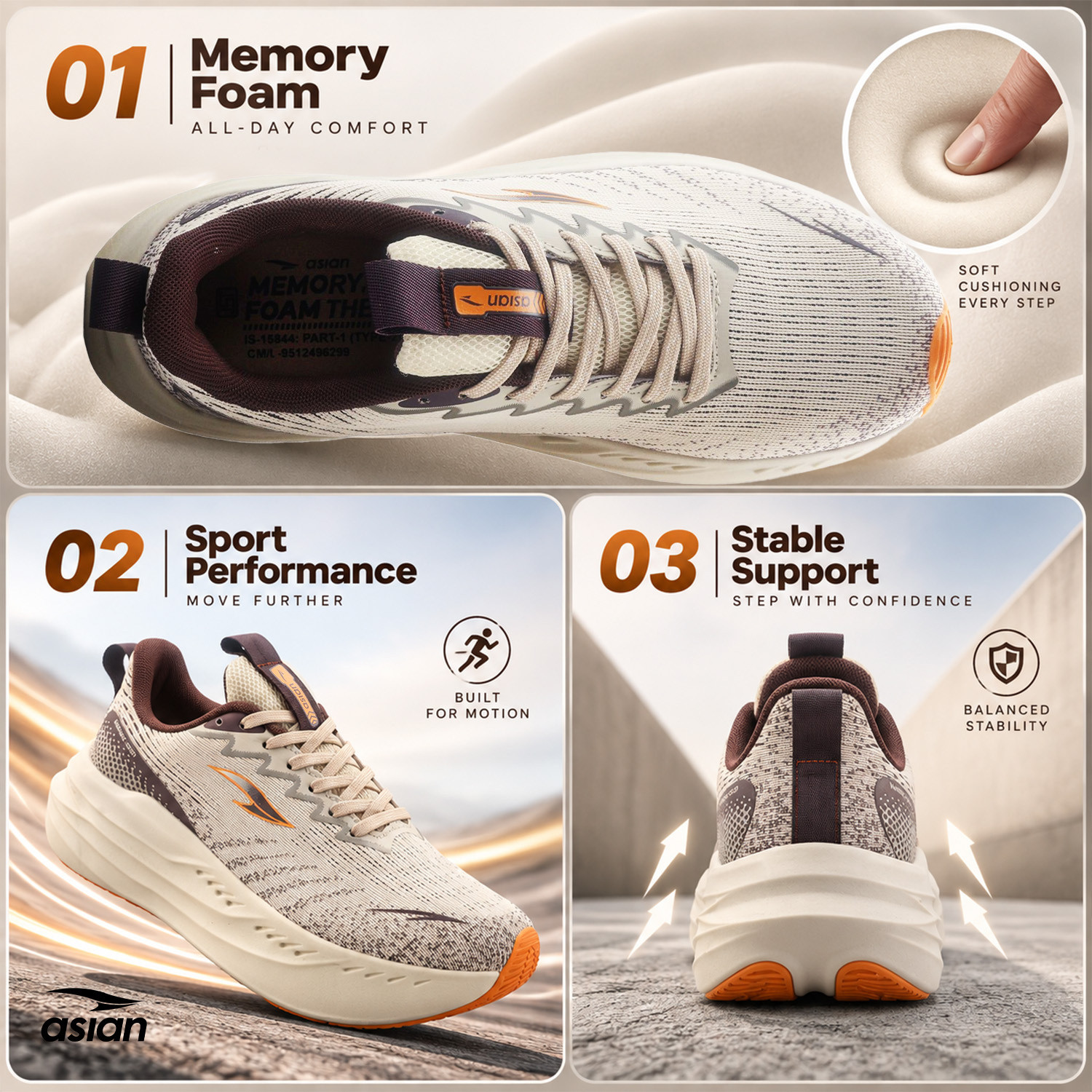 Image of asian Aerofoam-02 Men's Running Shoes with Mesh Upper and Energy Return Sole Running Shoes For Men