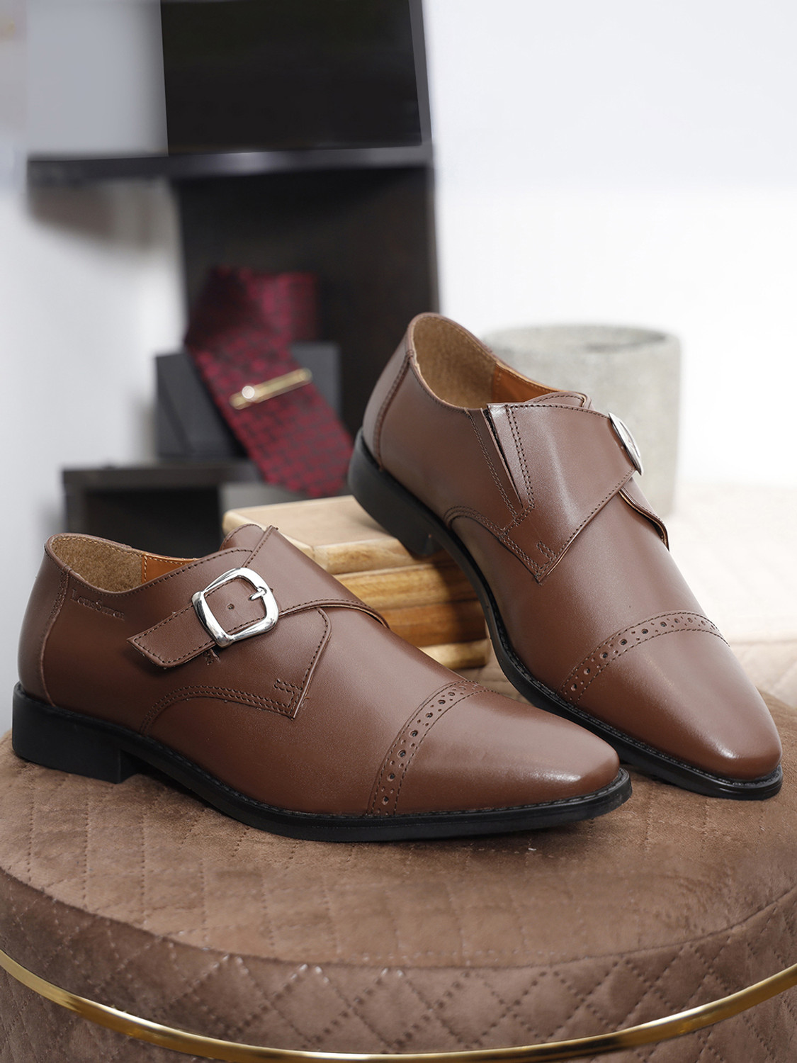 Image of LOUIS STITCH Handmade Italian Leather Monk Strap Formal Slip On Shoe for Men 11 UK (Tan) Monk Strap For Men