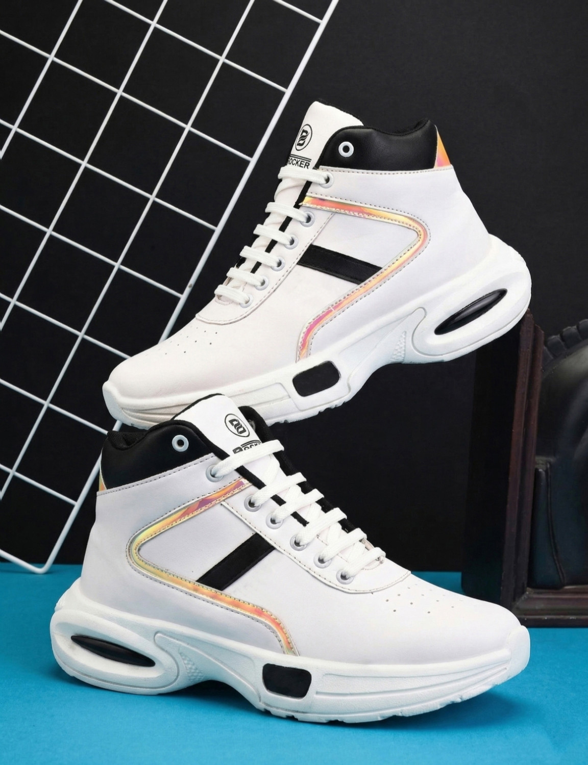 Image of BROCKER White High Ankle Sneakers for Men | Chunky Sole Stylish Casual Shoes High Tops For Men