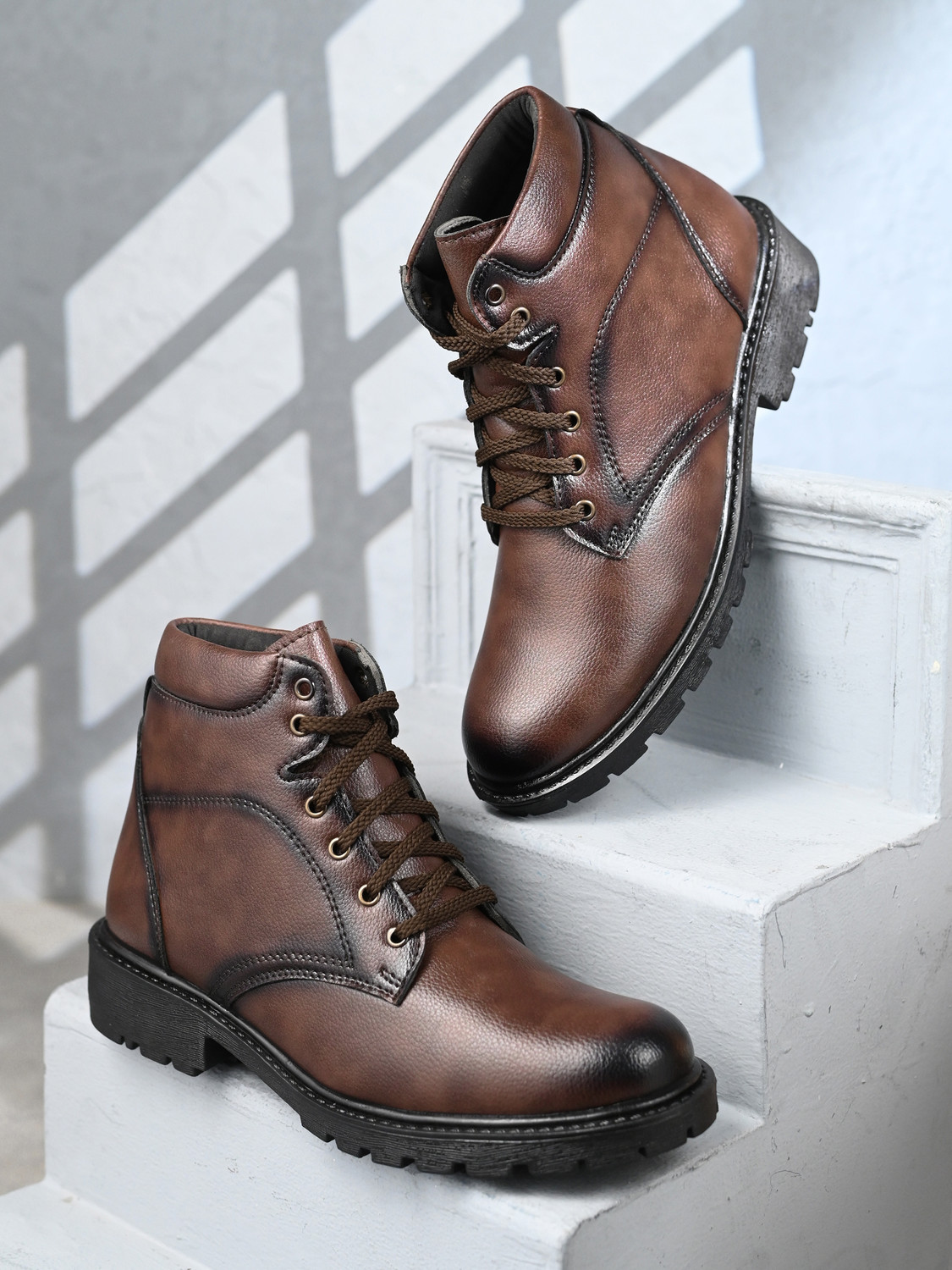 Image of Roadster Black High-Top Lace-Up Boots | Durable Faux Leather Ankle-Length Shoes | Outdoo Boots For Men