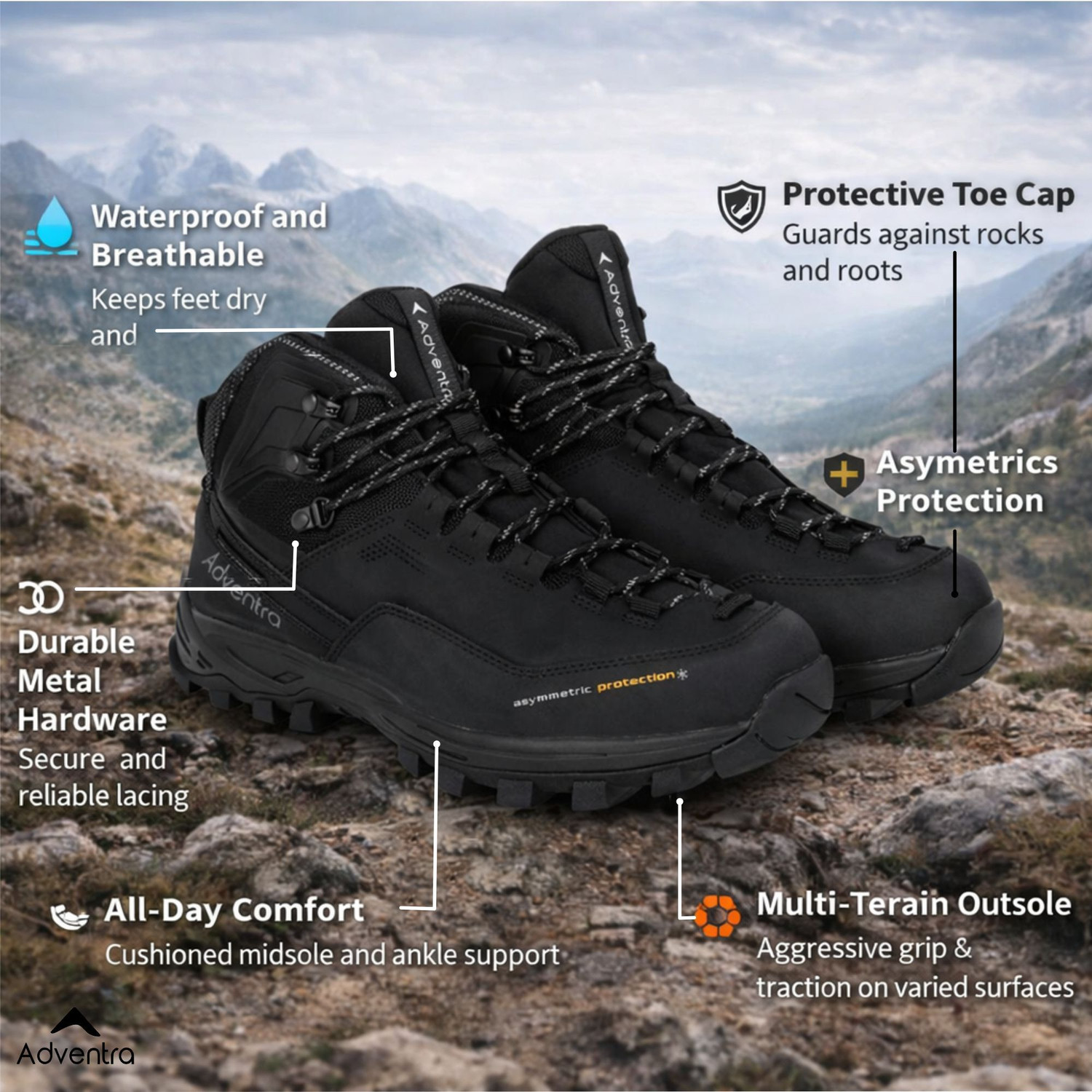 Image of Adventra Men Waterproof Mid-Top Hiking Shoes with 3M Insulation (WH1106) Black Outdoors For Men