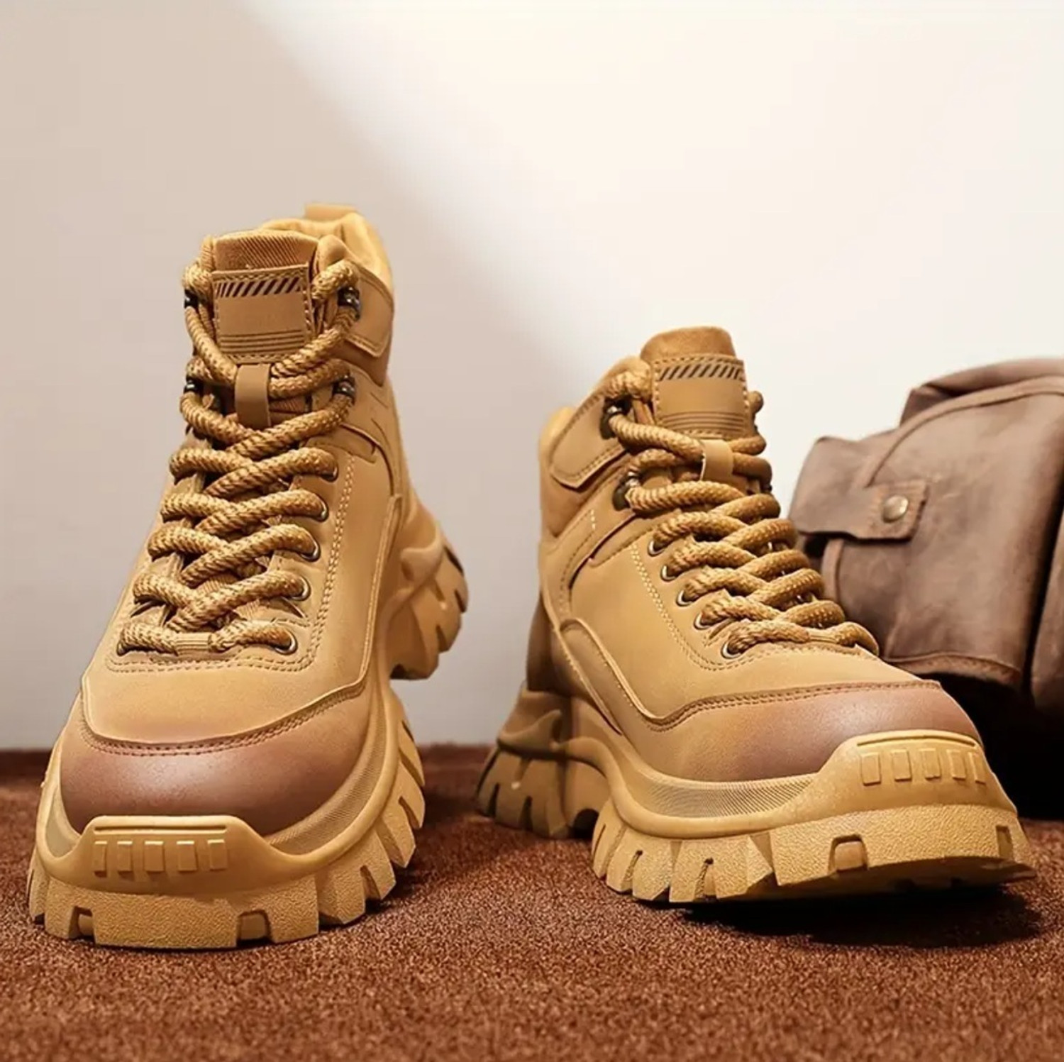 Image of Robbie jones Men's Tan High-Top Lace-Up Outdoor Trekking Boots Boots For Men