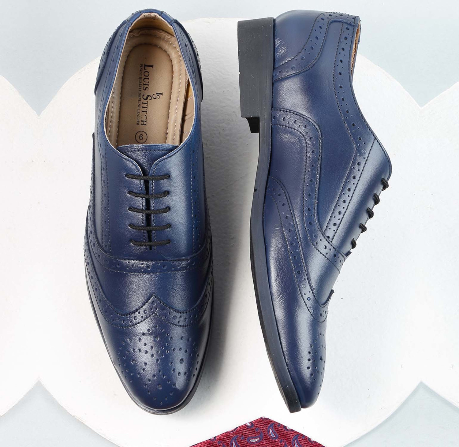 Image of LOUIS STITCH Blue Wingtip Style Italian Leather Comfortable Shoes for Men - UK 7 Brogues For Men