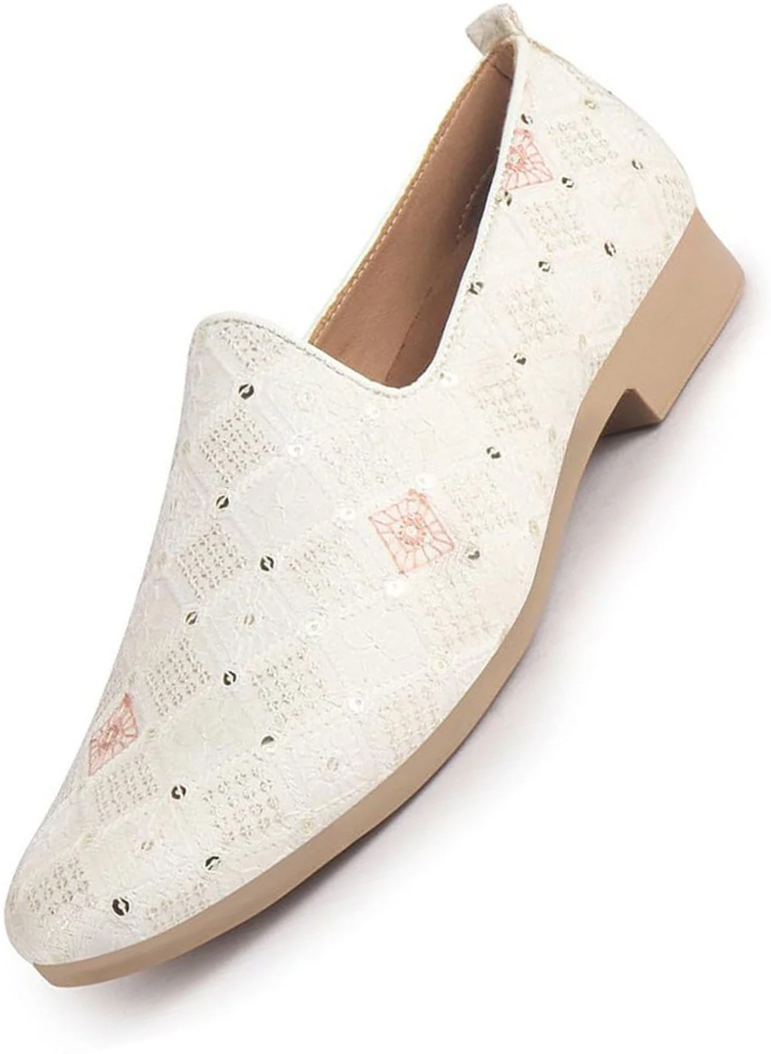Image of FAUSTO Embroidery Sequin Ethnic Jutis|Loafers for Indo-Western Events|Wedding Sherwani Mojaris For Men (Off White, 9)