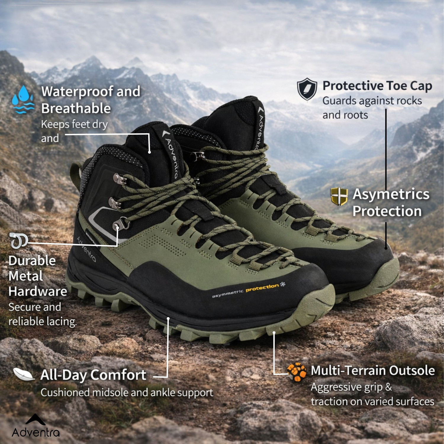 Image of Adventra Adventra Men's Warm Waterproof Hiking Boots |WH1106 | Green Outdoors For Men
