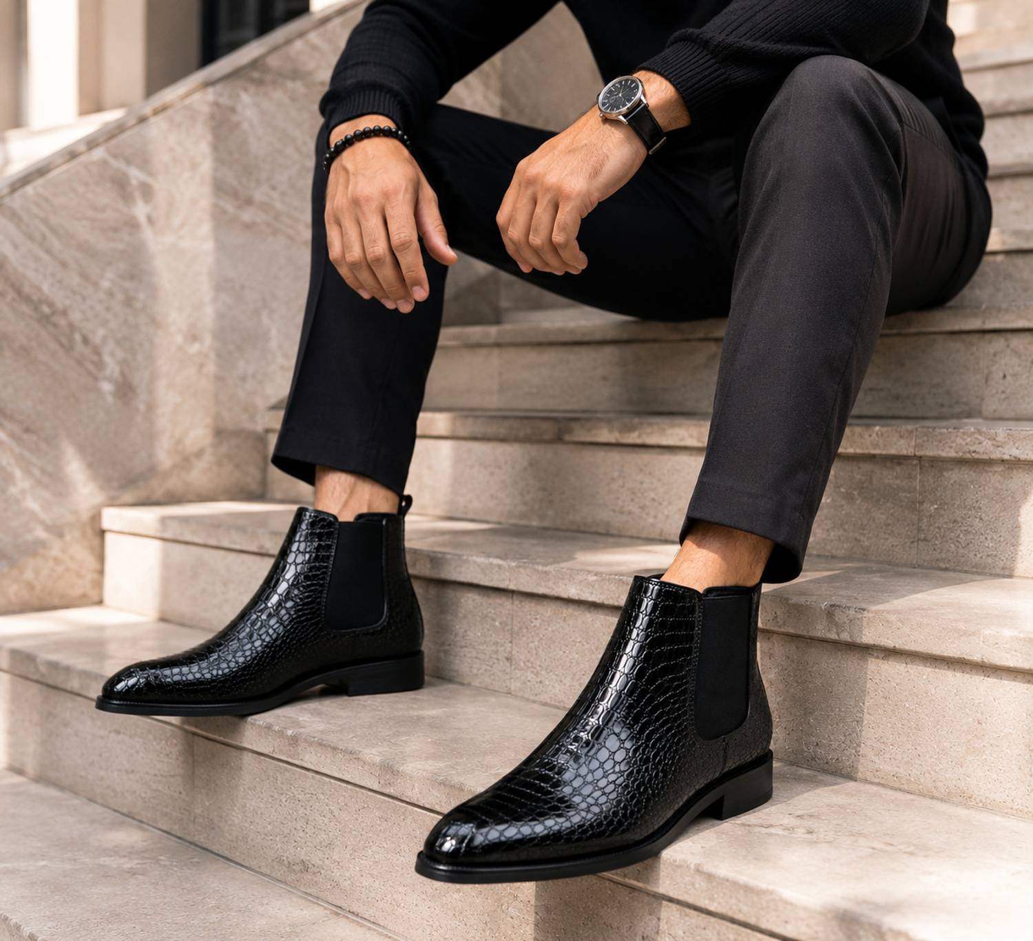 Kitos Men Black Croco Texture Chelsea Boots - Image 3