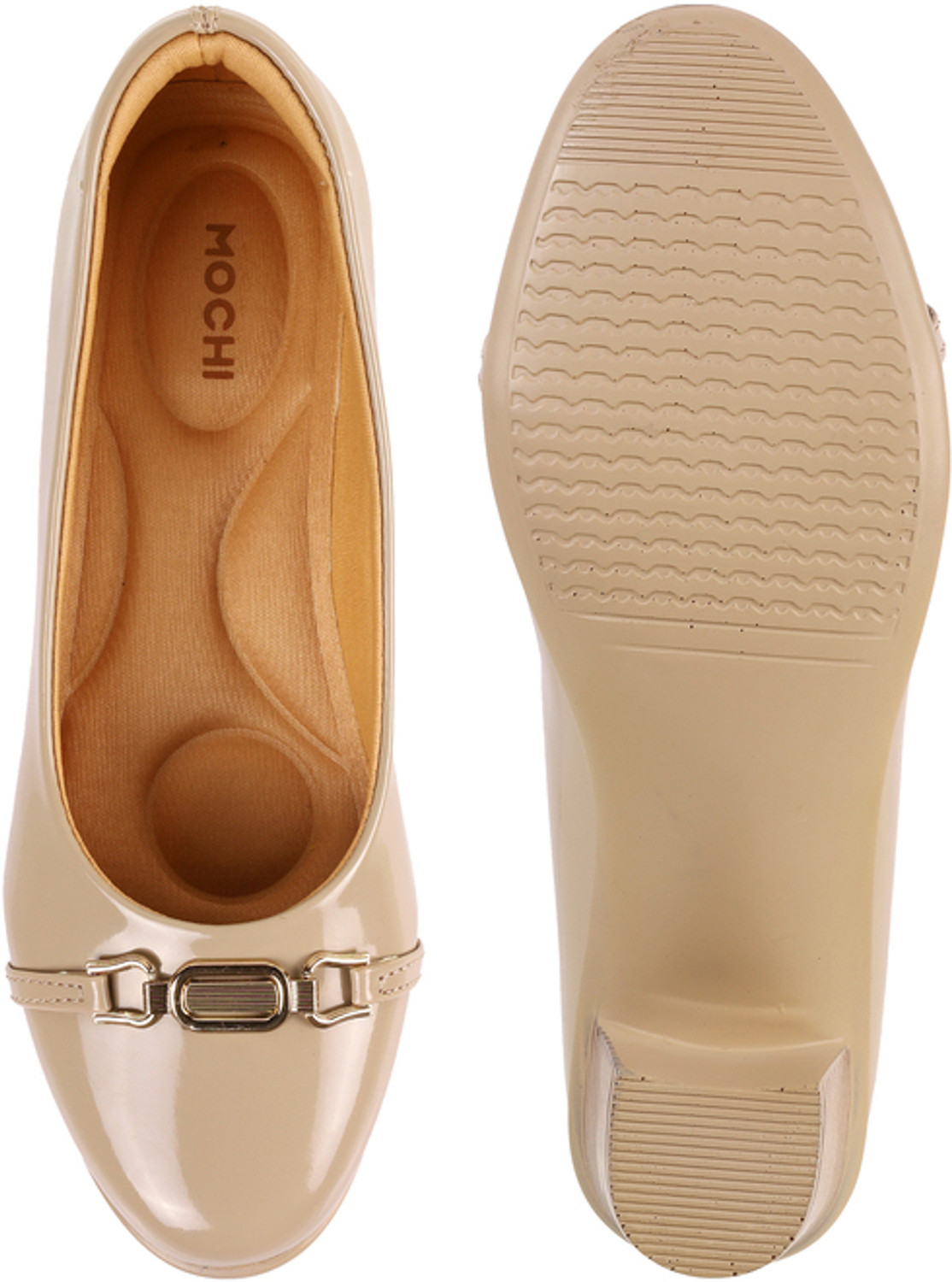 Image of MOCHI EmbellishedBlockPumps Slip On For Women (Beige, 6)