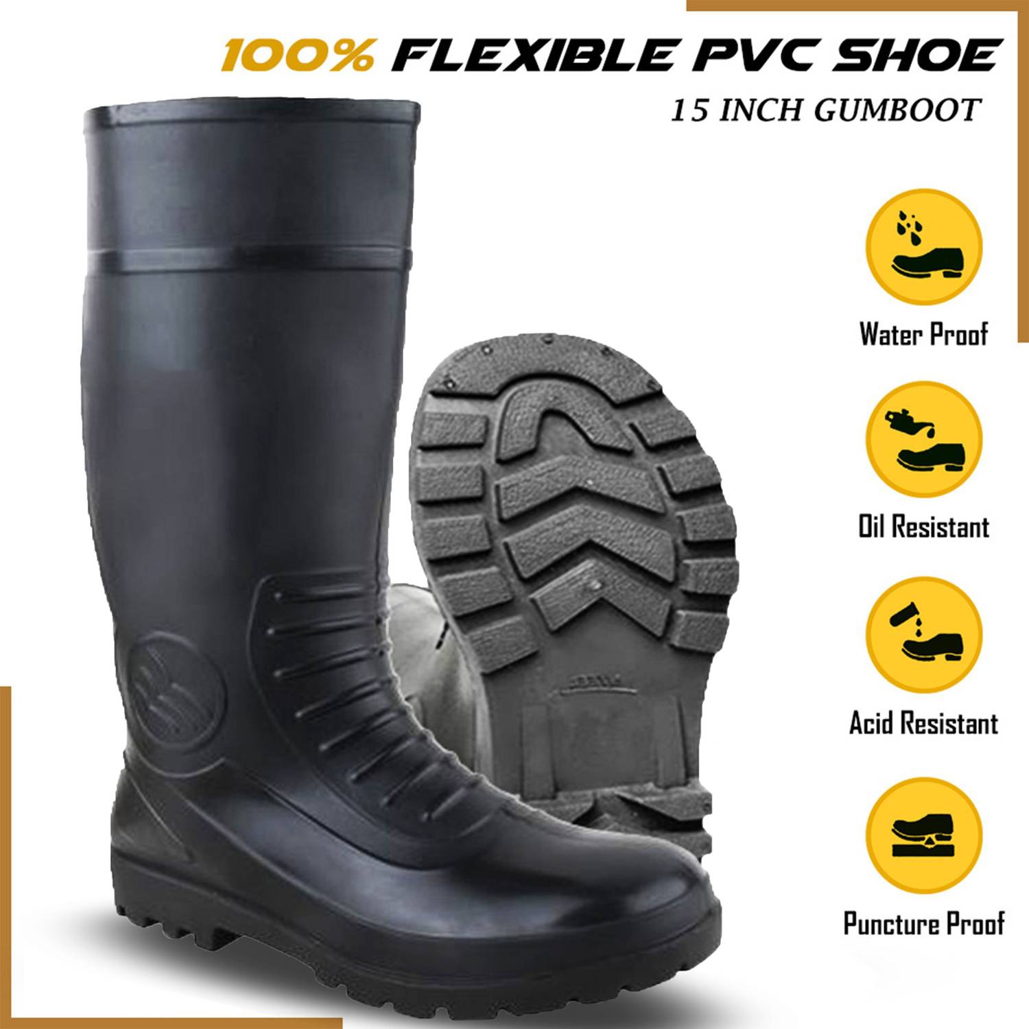 poolde/Melted Boots 38(24〜24.5) FOOT TRENDS Industrial Safety Gumboots, 15-inch, Oil and Acid