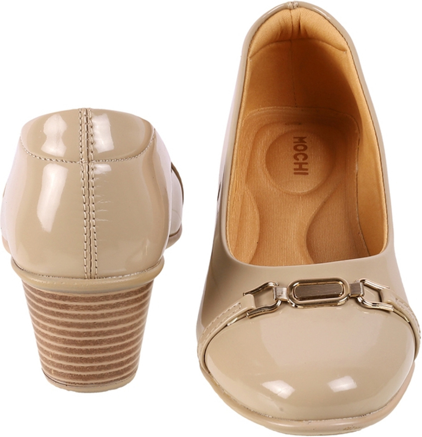 Image of MOCHI EmbellishedBlockPumps Slip On For Women (Beige, 6)