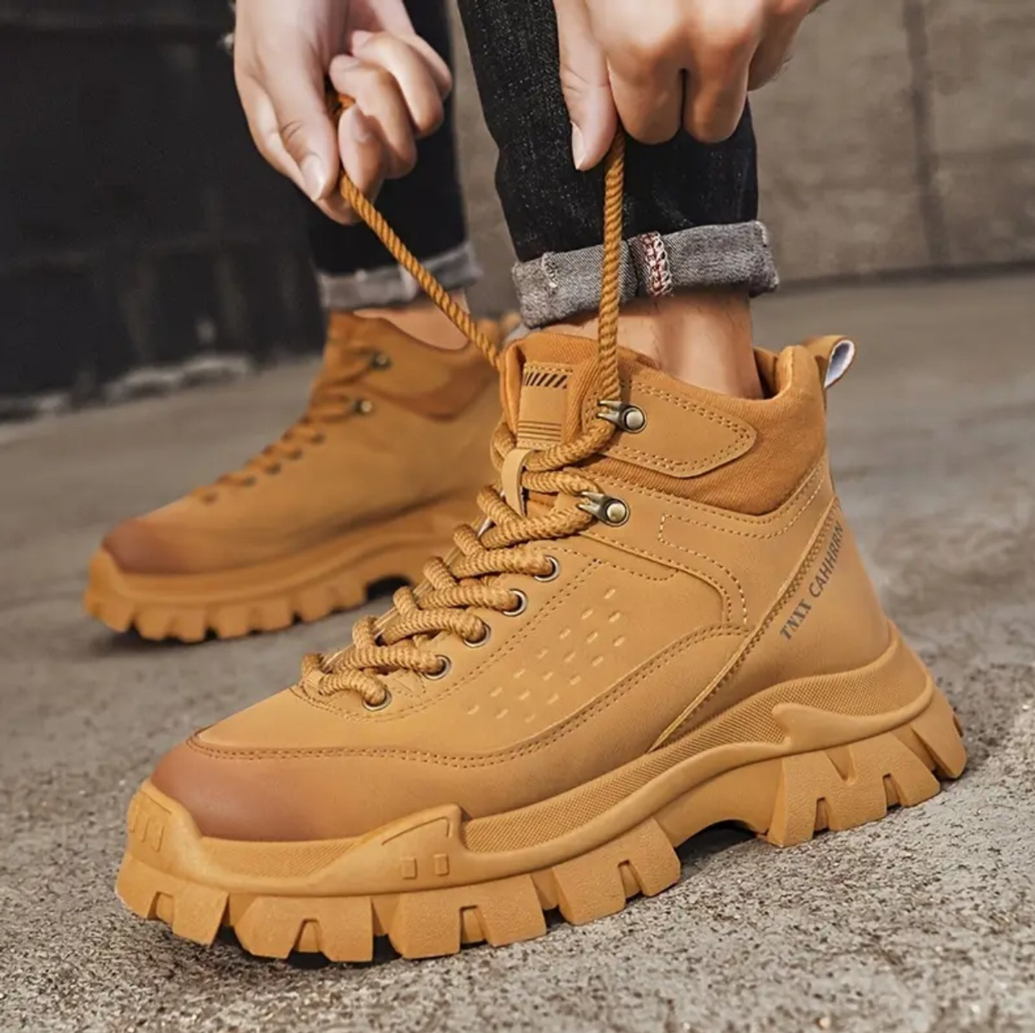 Image of Robbie jones Men's Tan High-Top Lace-Up Outdoor Trekking Boots Boots For Men