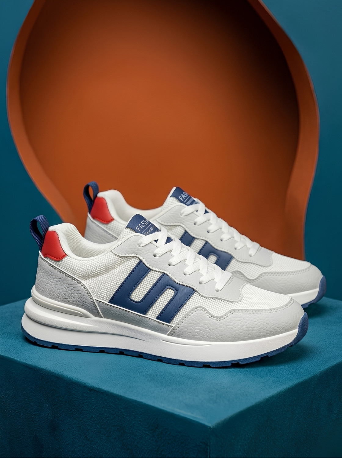 Image of Flucky White & Blue Sports Shoes | White Walking Sneakers For Men