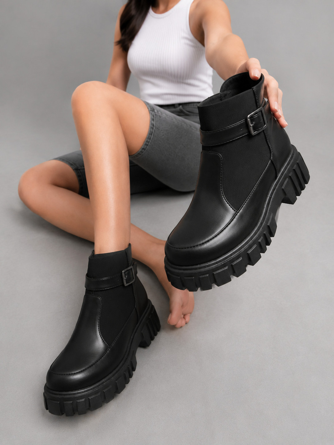 Image of Franino Paris Women's Black Chunky Platform Ankle Boots with Buckle Boots For Women
