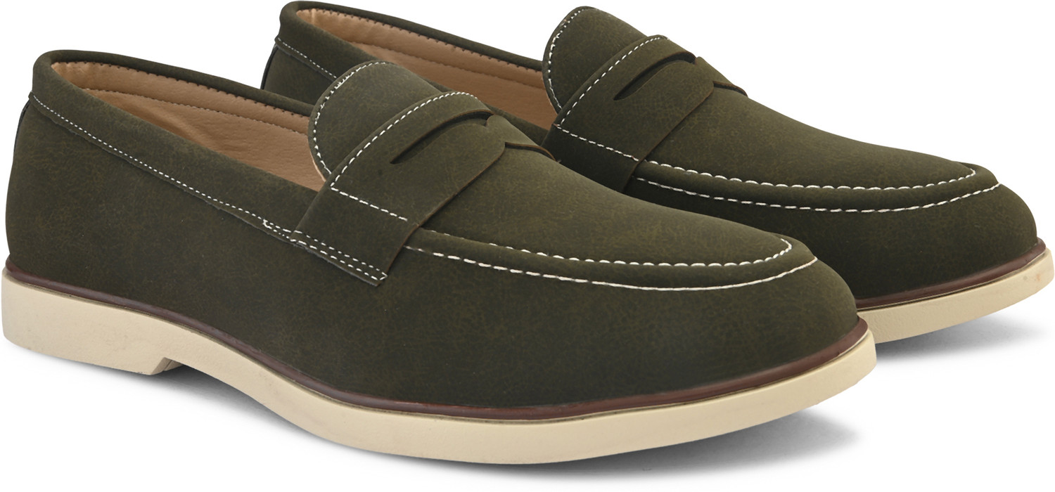 Image of Roadster Men olive solid suede round toe comfortable slip on moccasins stylish casual lo Loafers For Men