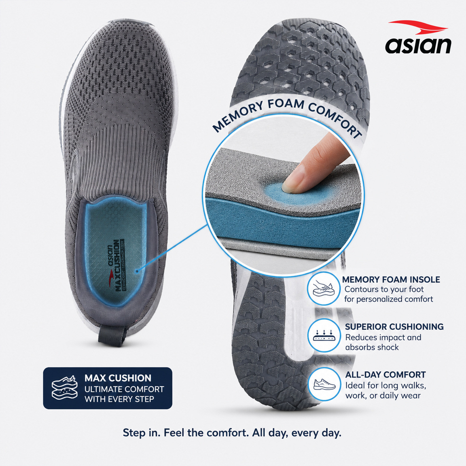Image of asian Hypercushion Walk-01 Mens Walking Shoes|Responsive E-TPU Sole Lightweight Loafers For Men