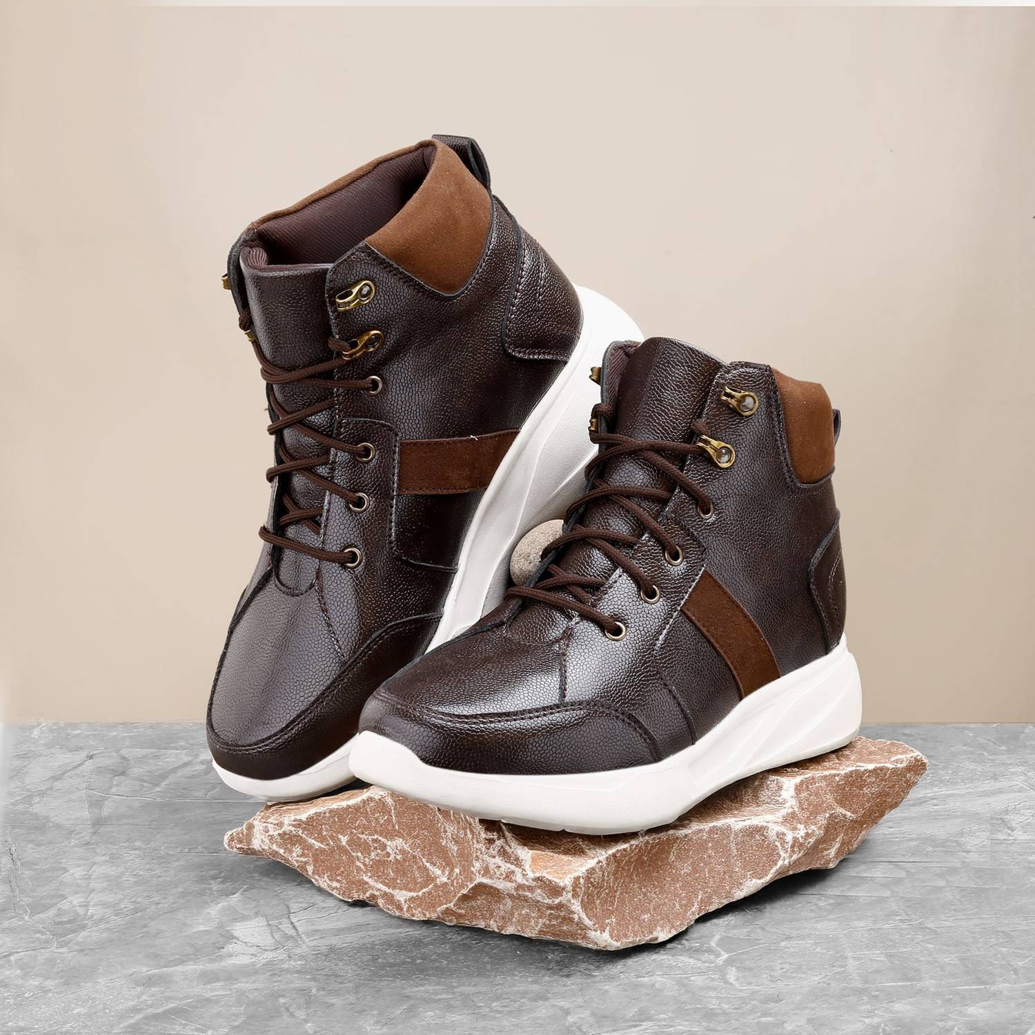 BXXY Mens 3.5 Inch Hidden Height Increasing Brown Casual Sneakers And High Ankle Shoe Party Wear For Men