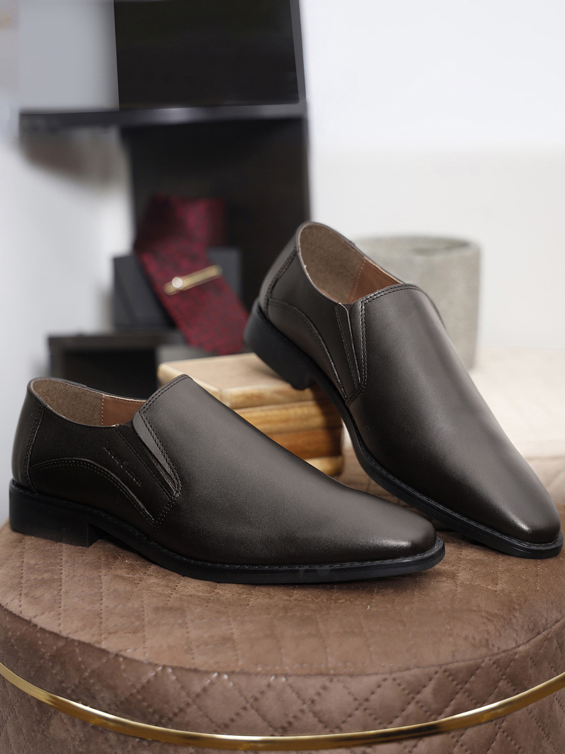 Image of LOUIS STITCH Brunette Brown Leather Mocassins Shoes Formal Loafers Slipons for Men - RXSOBB Slip On For Men