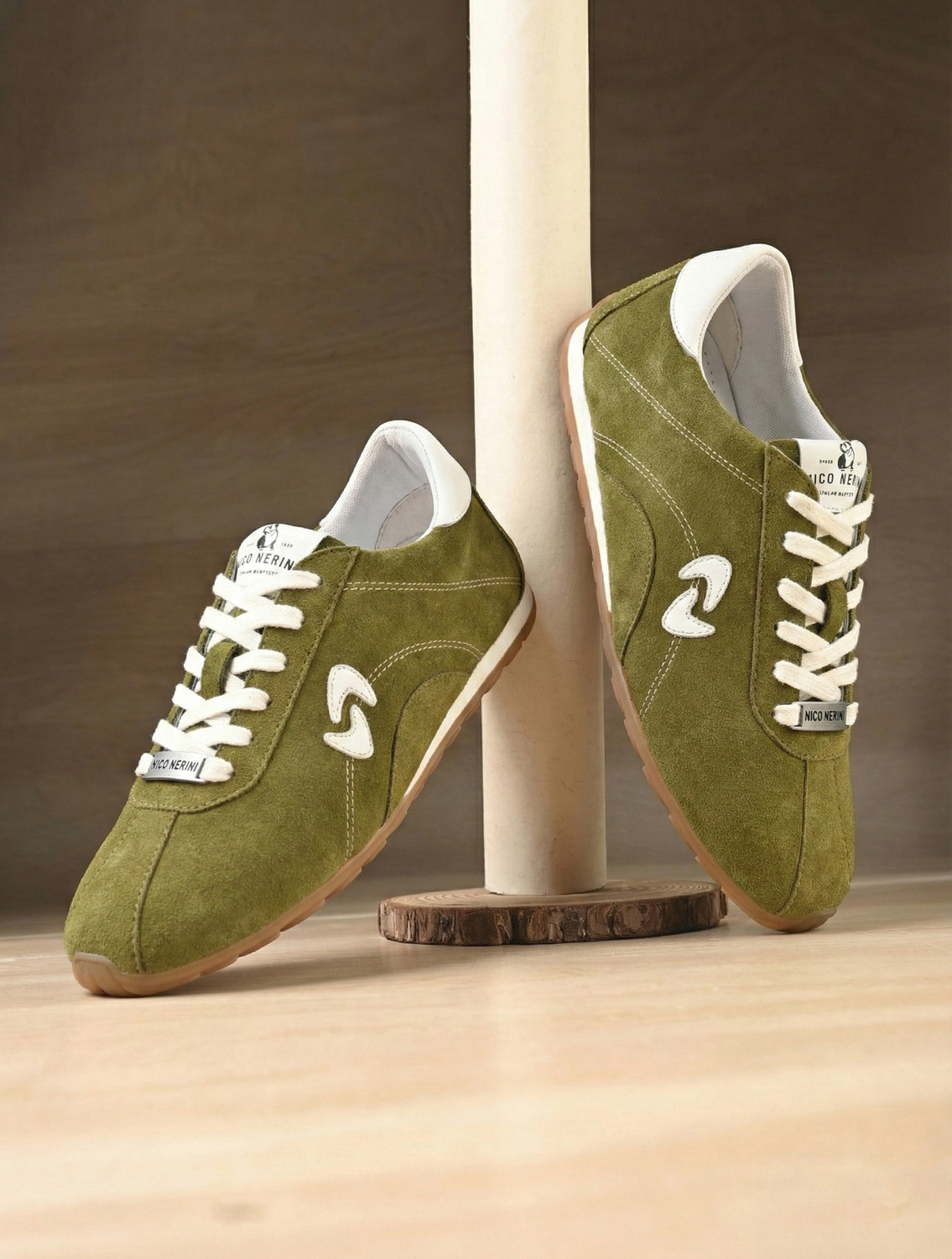 Image of Nico Nerini 4402-06OLIVE Nico Nerini Men's Suede Casual Sneakers with White Laces Sneakers For Men