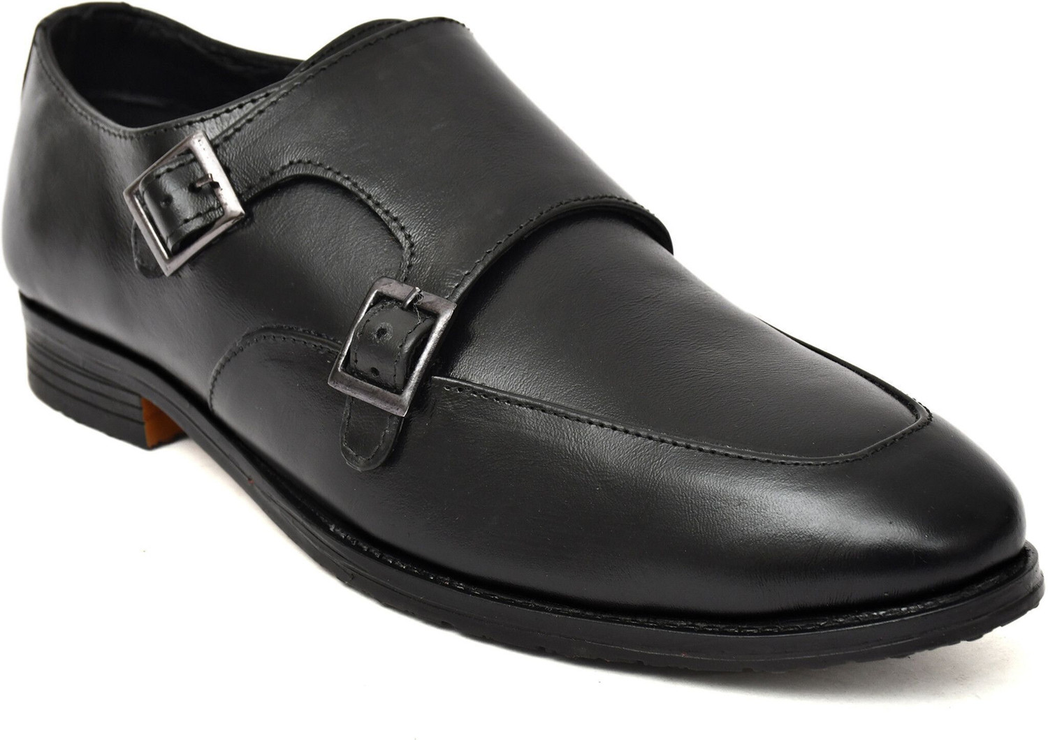 Image of PONO Black Monk Strap Formal Shoes for Men | Sleek Leather Slip-On Business Wear Mocassin For Men (Black, 8)