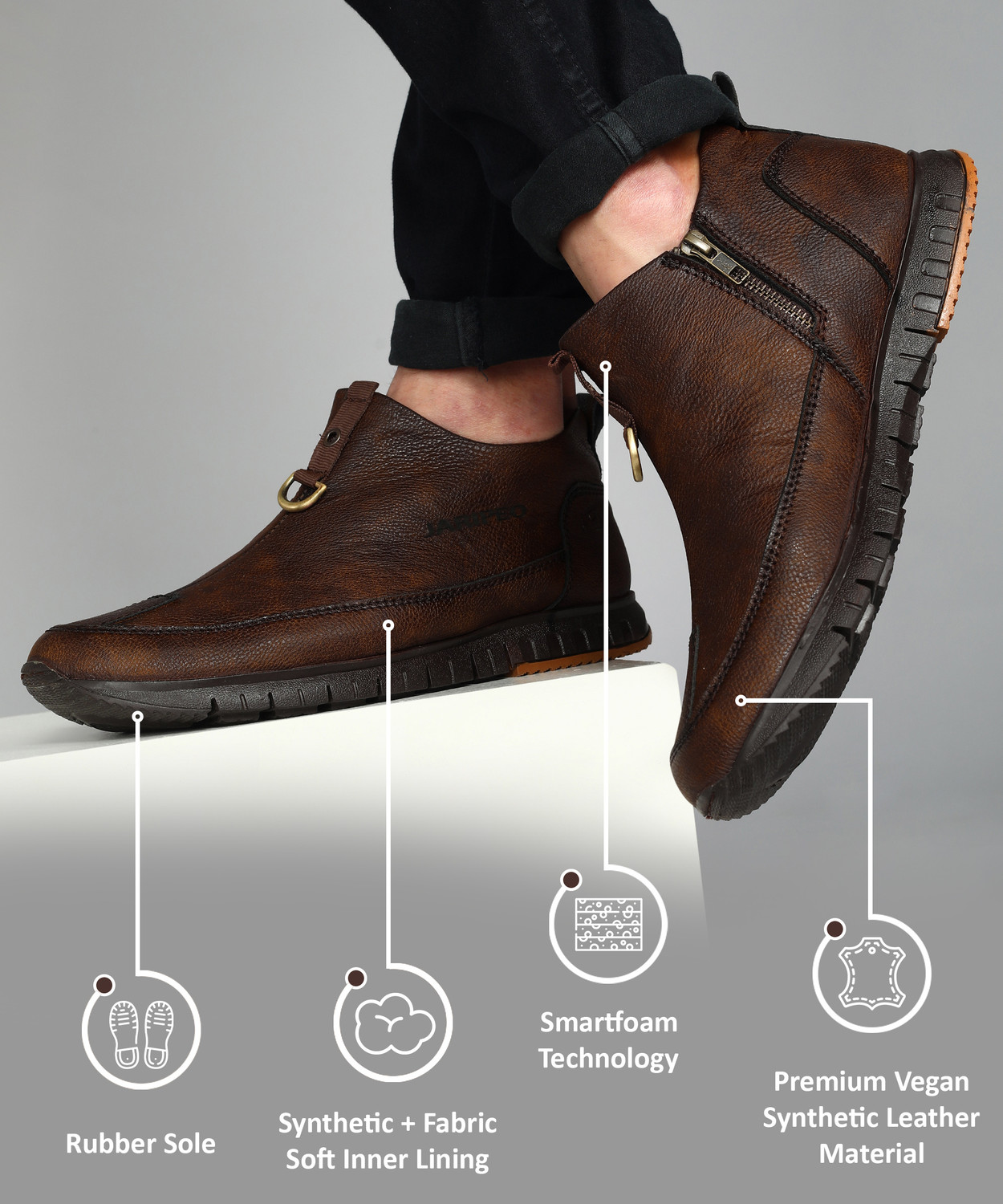Image of BUCKAROO Hulbart Men's Brown Slip-On Casual Shoes with Side Zipper & Comfortable Sole Boots For Men