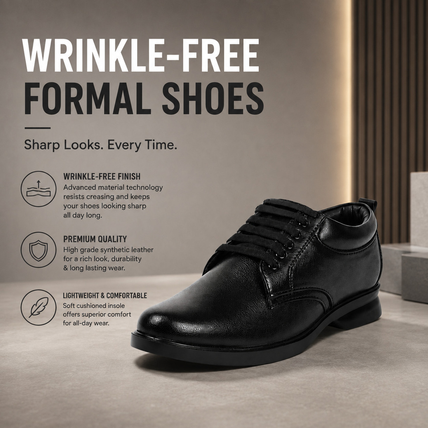Image of leacom Mens Black Formal Shoes Comfort & Lightweight boots Lace Up For Men