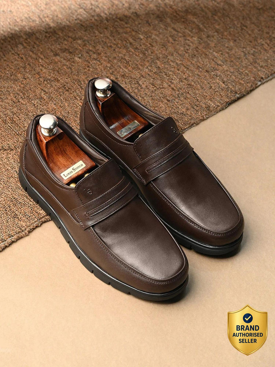 Image of LOUIS STITCH Brunette Brown Leather Shoes for Men, Comfortable Slip-On Moccasins, UK-10 Slip On For Men