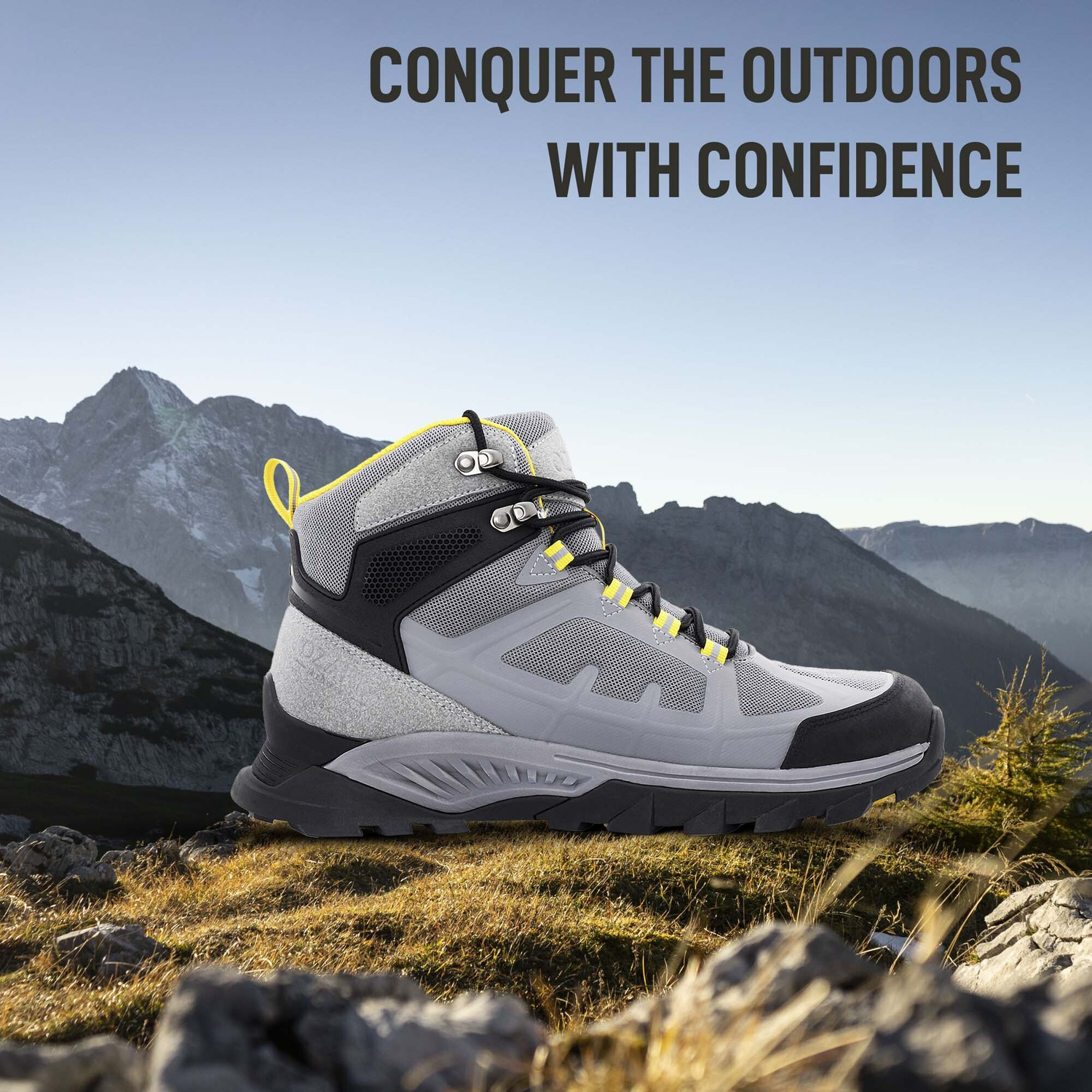 Image of RED TAPE Ozark Outdoor Hiking Shoes for Men | Grey Yellow Outdoor Performance Hiking & Trekking Shoes For Men