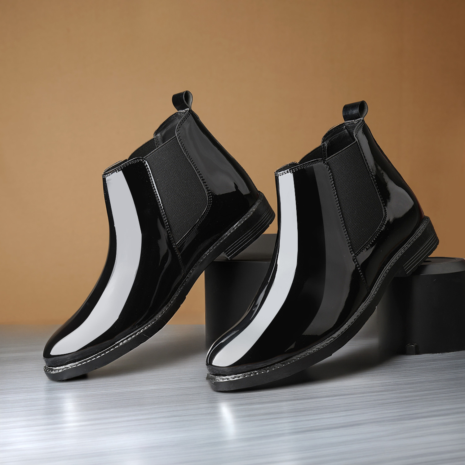 Image of BLOMAX synthetic patent leather elastic side panels black patent Chelsea boots Boots For Men
