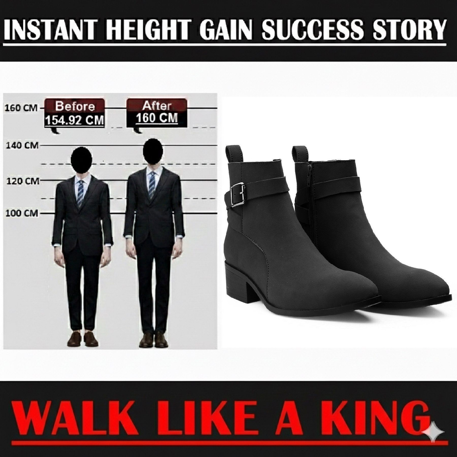 Image of BXXY Men's 4.5 CM Block Heel Height Increasing, Black Casual Formal Buckle Ankle Boot Slip On For Men