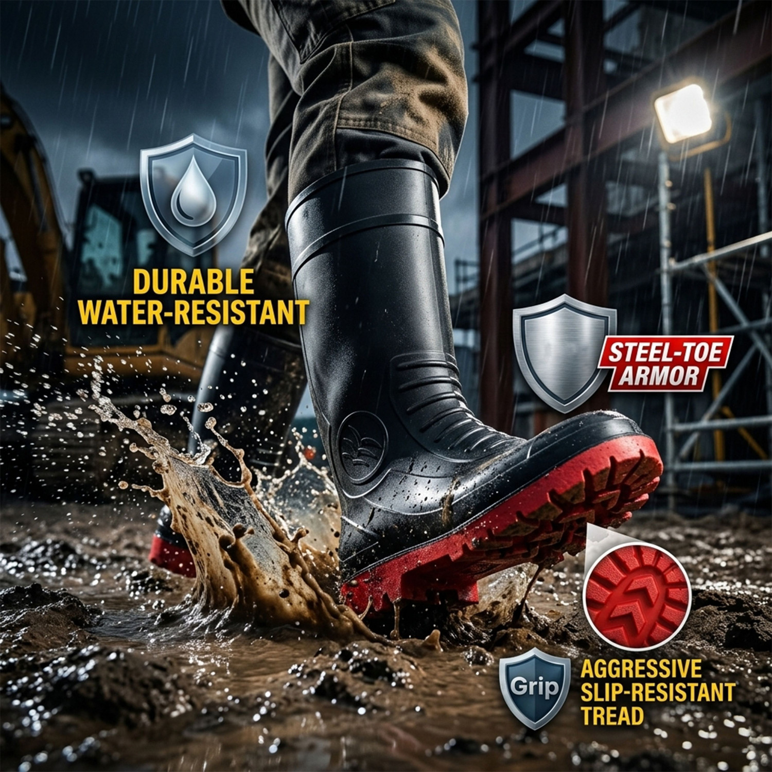 Image of FOOT TRENDS PVC Safety Gumboots, 16-inch, with Steel-Toe Cap, Oil and Water Resistant, Boots For Men (Black, Red, 7)