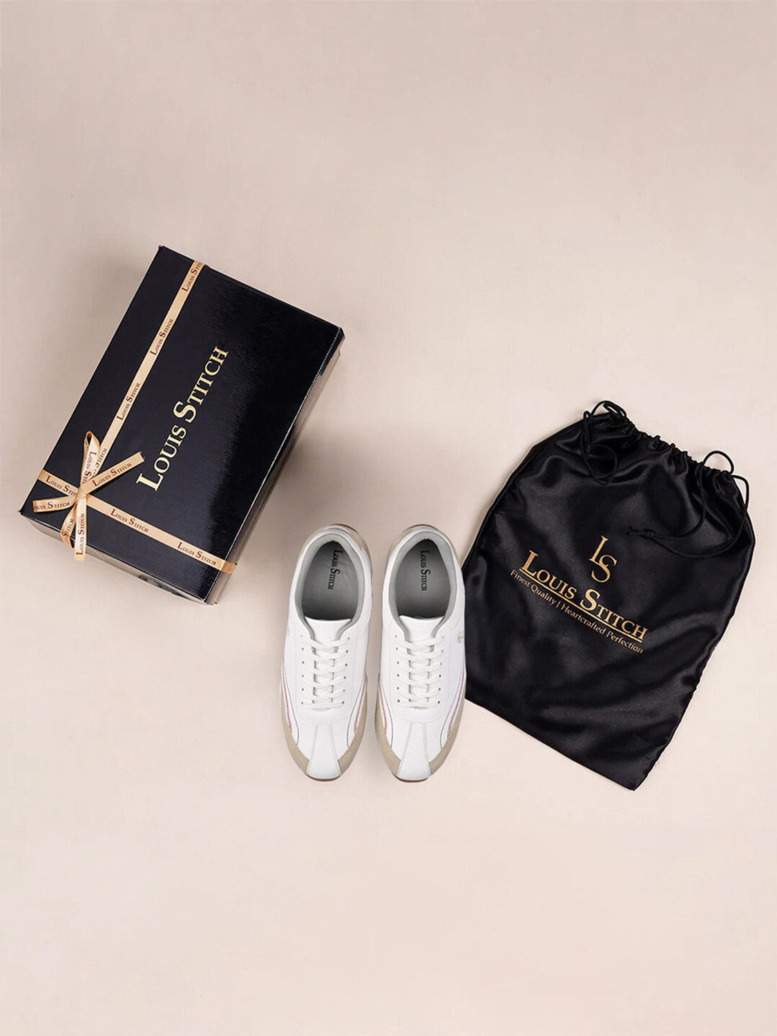 Image of LOUIS STITCH White and Beige Sneaker, Casual Lightweight Lace-Up Sneakers Sneakers For Men