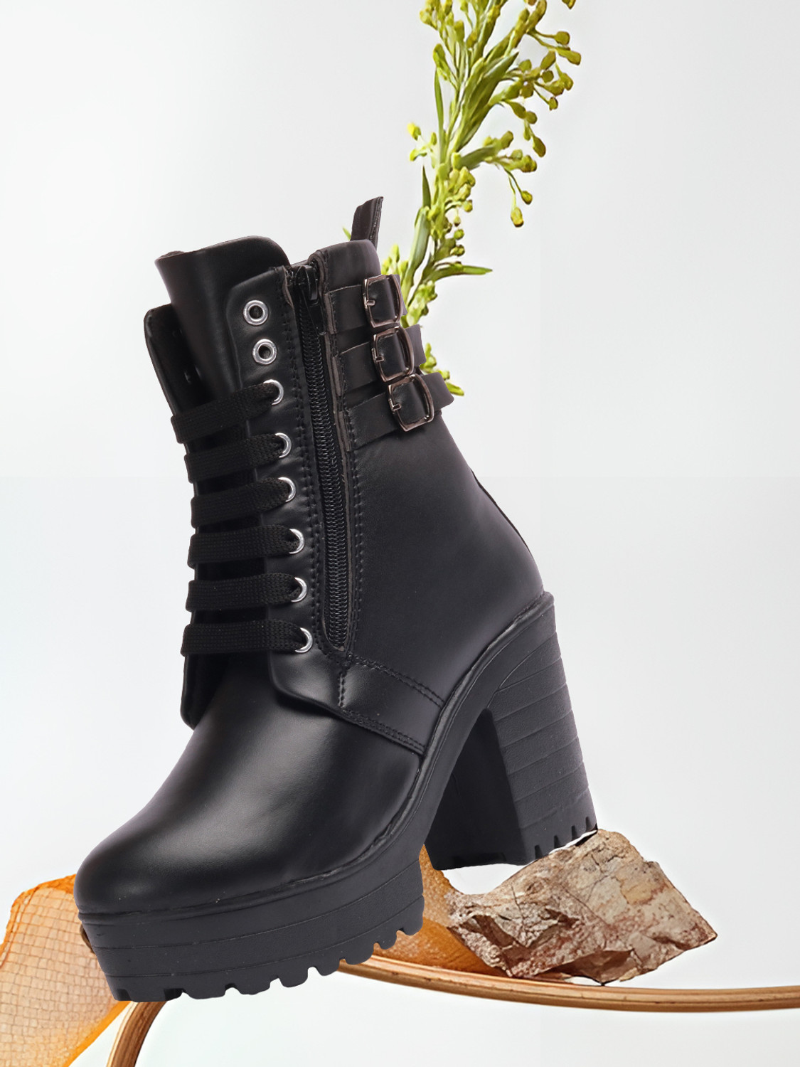 Image of KILLER Women's Boots | Faux Leather, Trendy, Lace-Up & Zipper Boots for Women & Girls Boots For Women (Black, 7)