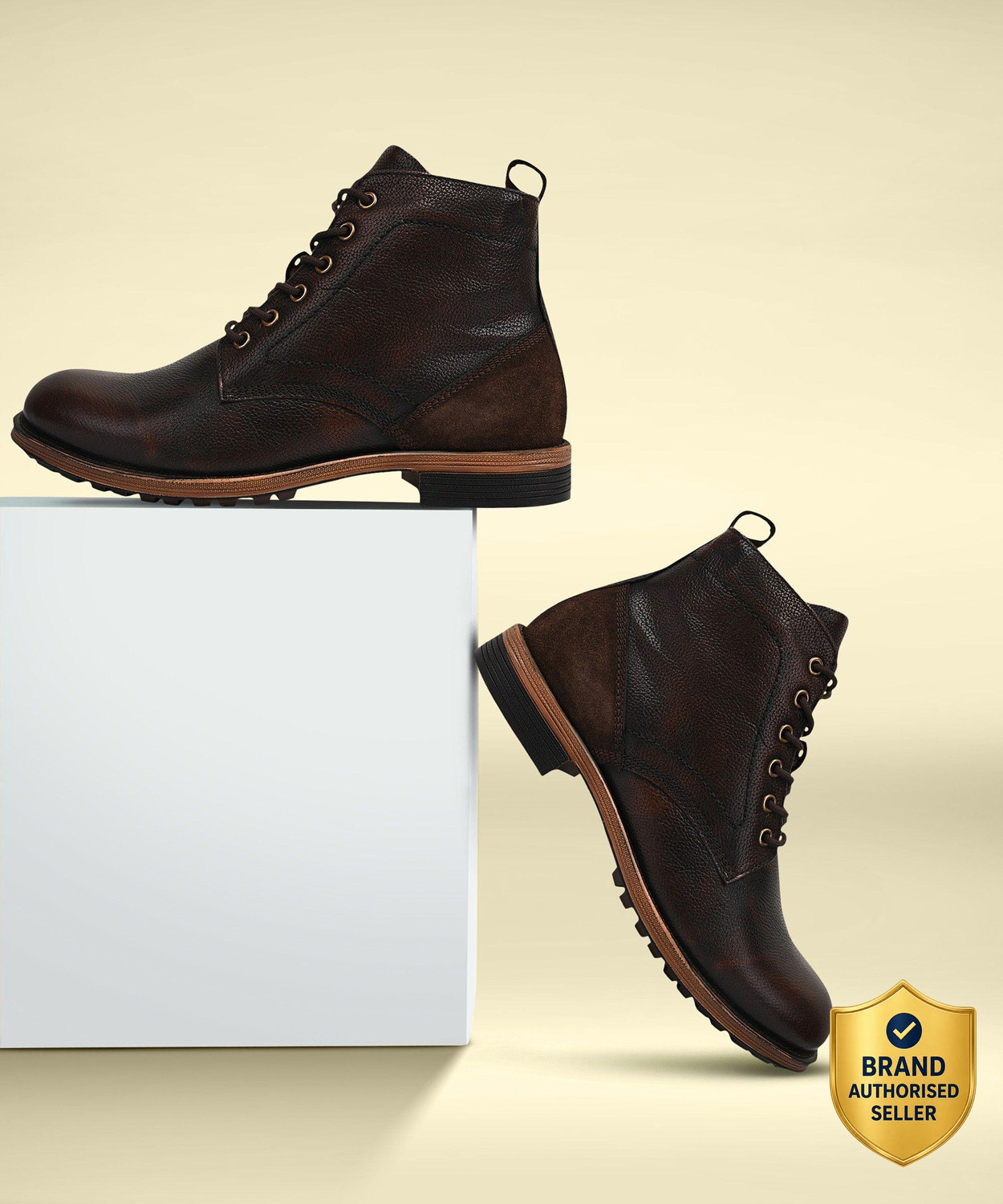 Image of Teakwood Leathers Men Brown Solid Genuine Leather Mid Top Boots Boots For Men