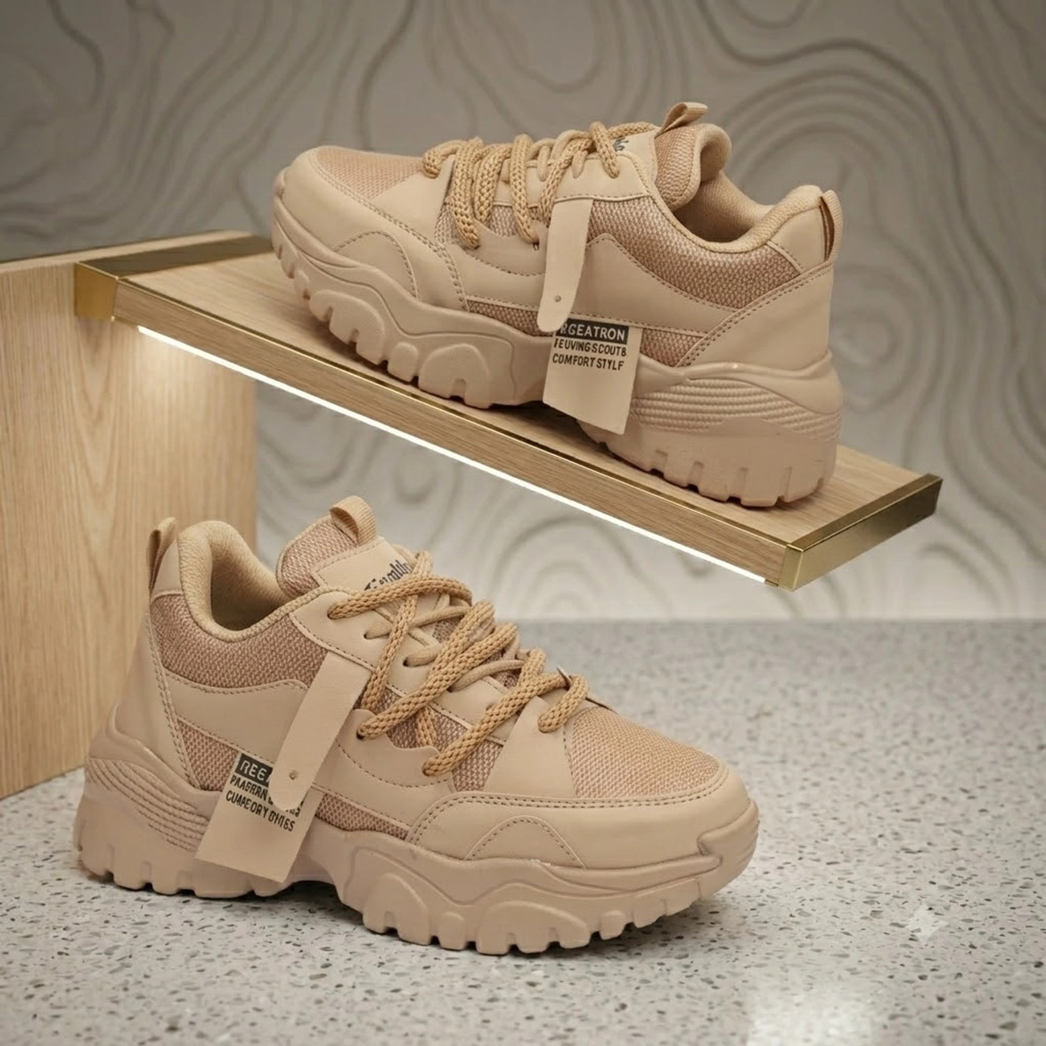 Image of VR SHOES Beige Chunky Casual Sneakers | Lightweight Comfortable Walking Shoes Sneakers For Women (Beige, 4)