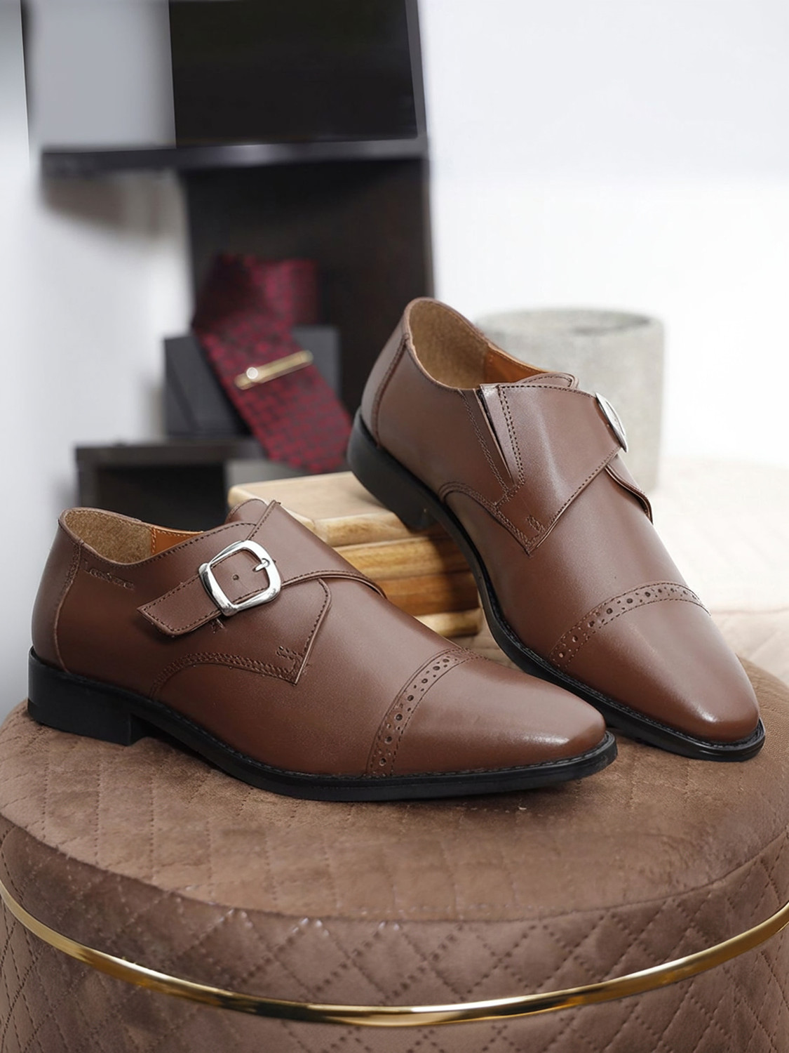 Image of LOUIS STITCH Handmade Italian Leather Monk Strap Formal Slip On Shoe for Men 6 UK (Tan) Monk Strap For Men