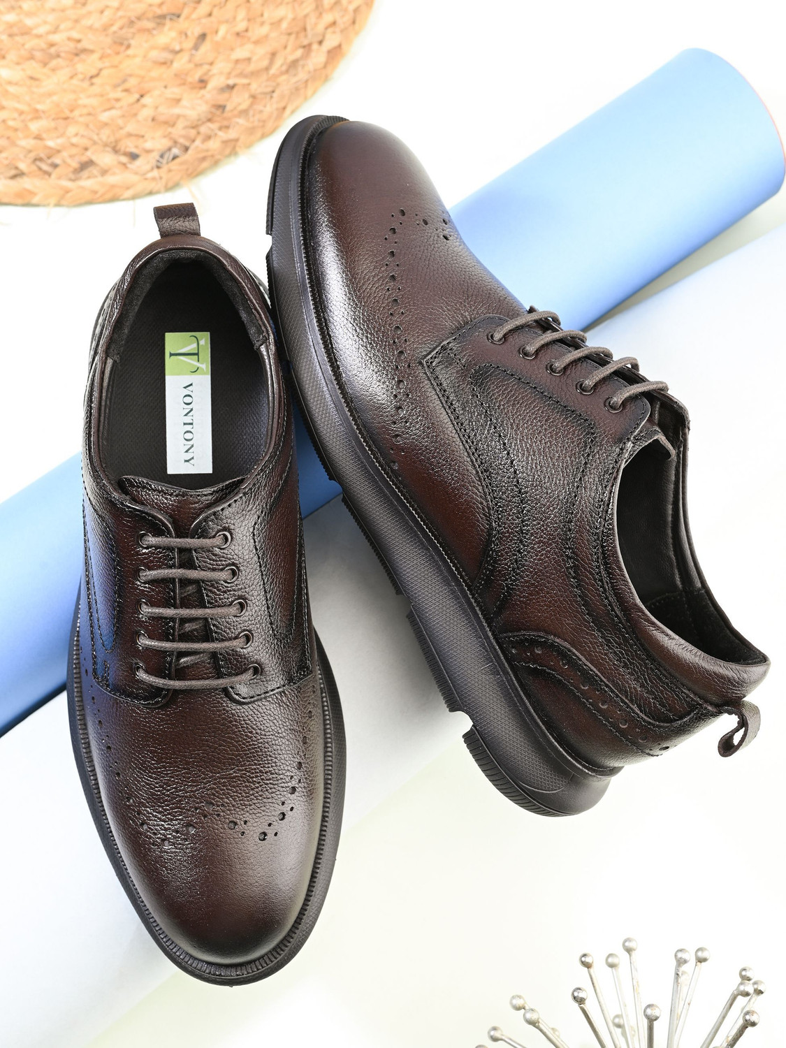 Image of VONTONY Premium Brown Leather Lace-Up Shoes for Men | Lightweight Phylon Sole Brogues For Men