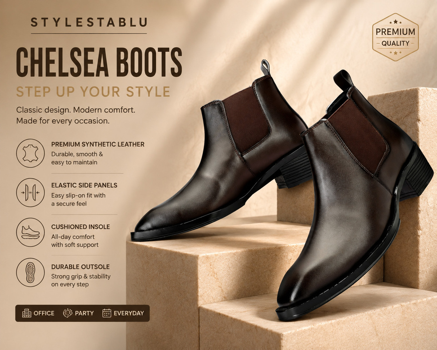 Image of stylestablu Men's Brown Leather Chelsea Boots | Slip-On Party Formals Casual Shoes for Men Boots For Men