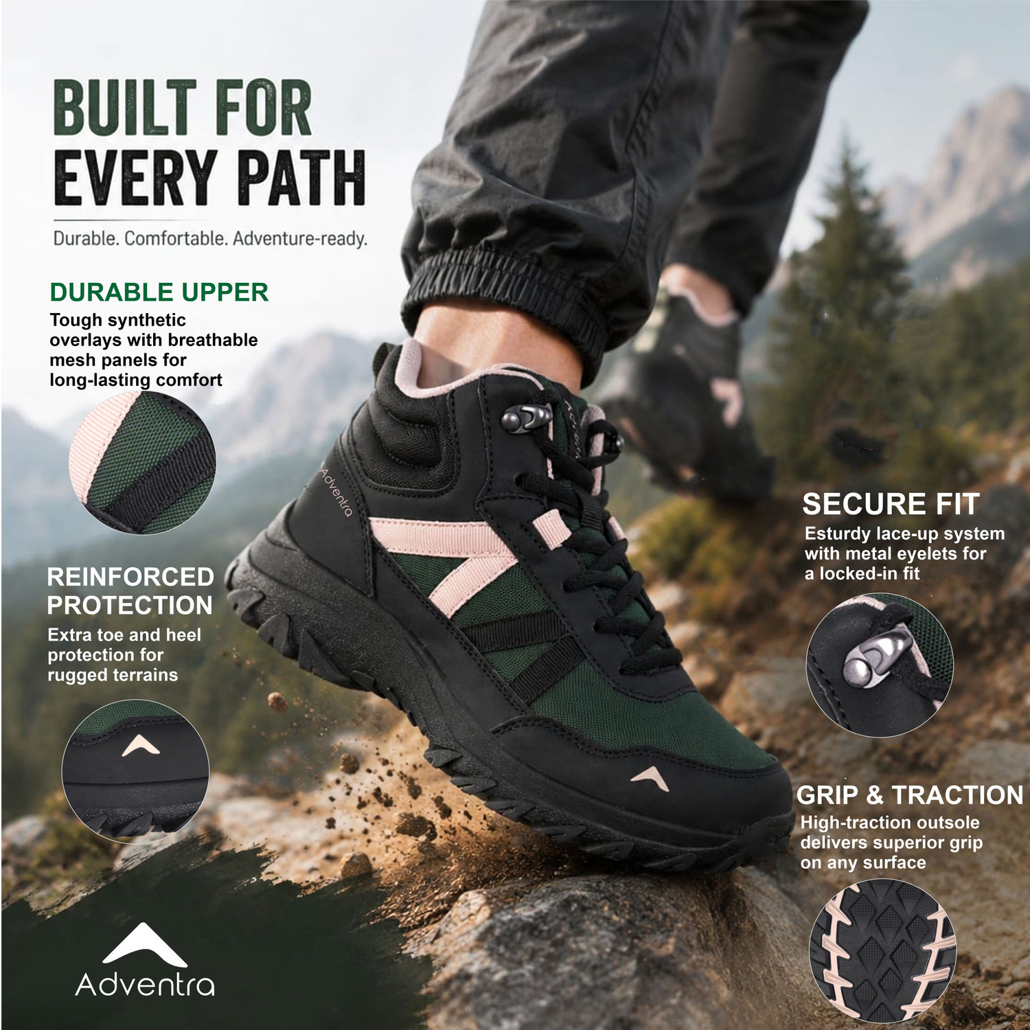 Image of ADVENTRA SPORTS Men Mid-Top Hiking Shoes with Anti-Skid Full Rubber Sole (EH900) Green Outdoors For Men