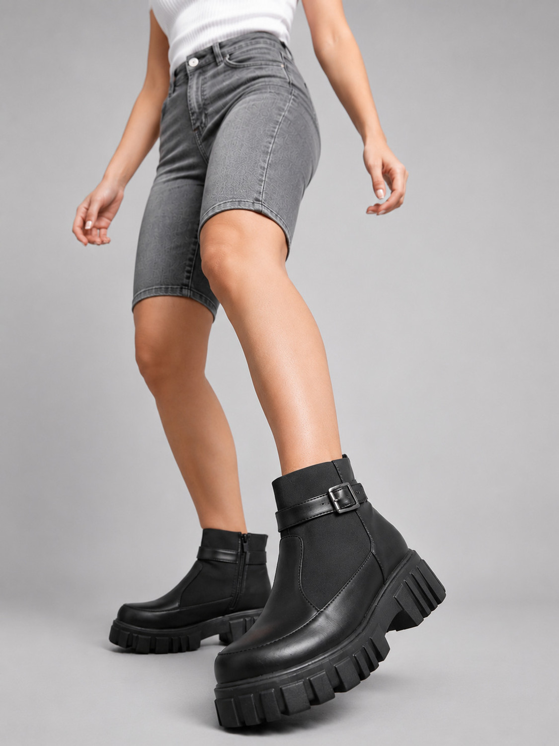 Image of Franino Paris Women's Black Chunky Platform Ankle Boots with Buckle Boots For Women