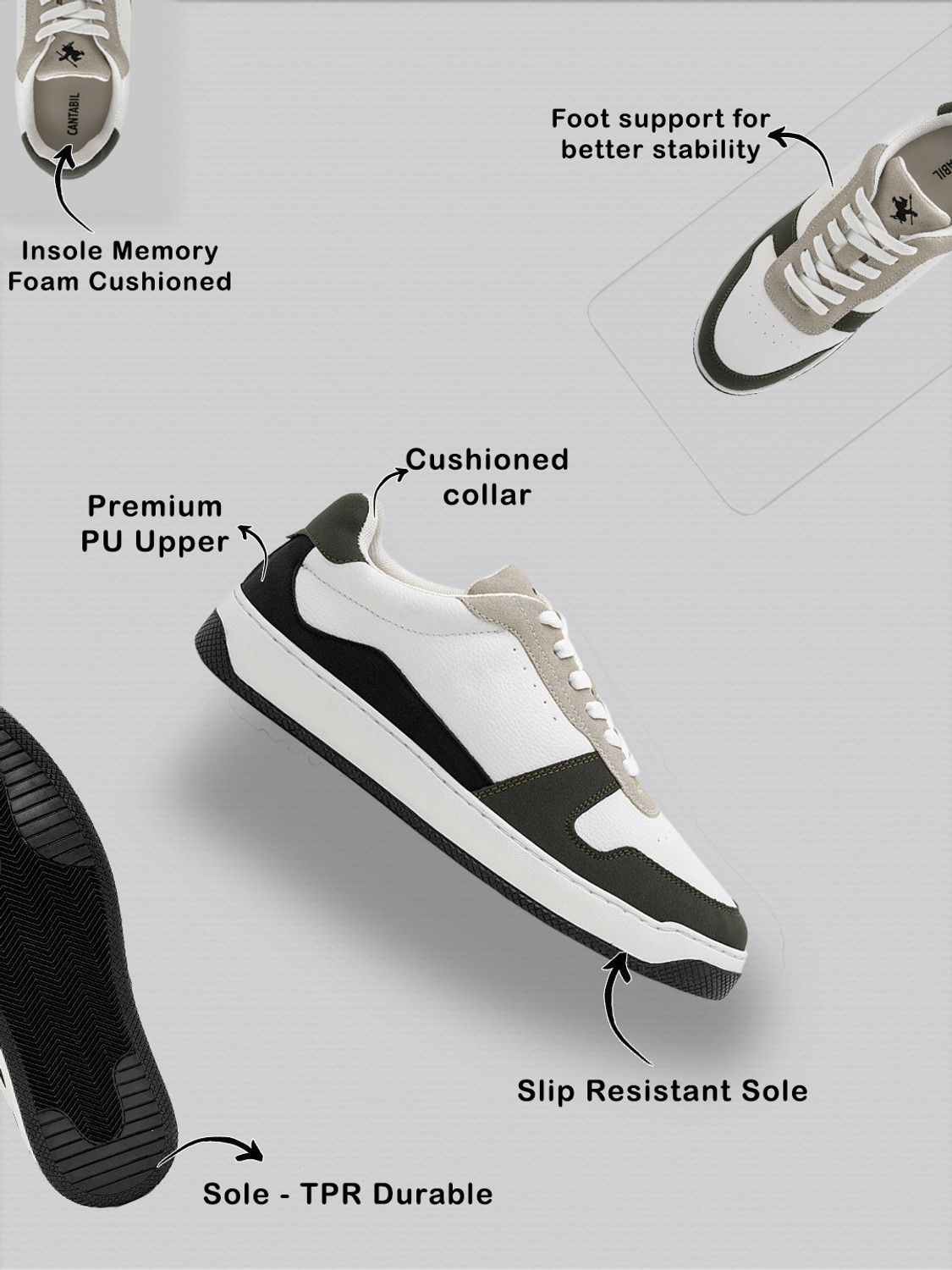 Image of CANTABIL Men's White & Green Colourblock Casual Sneakers Sneakers For Men