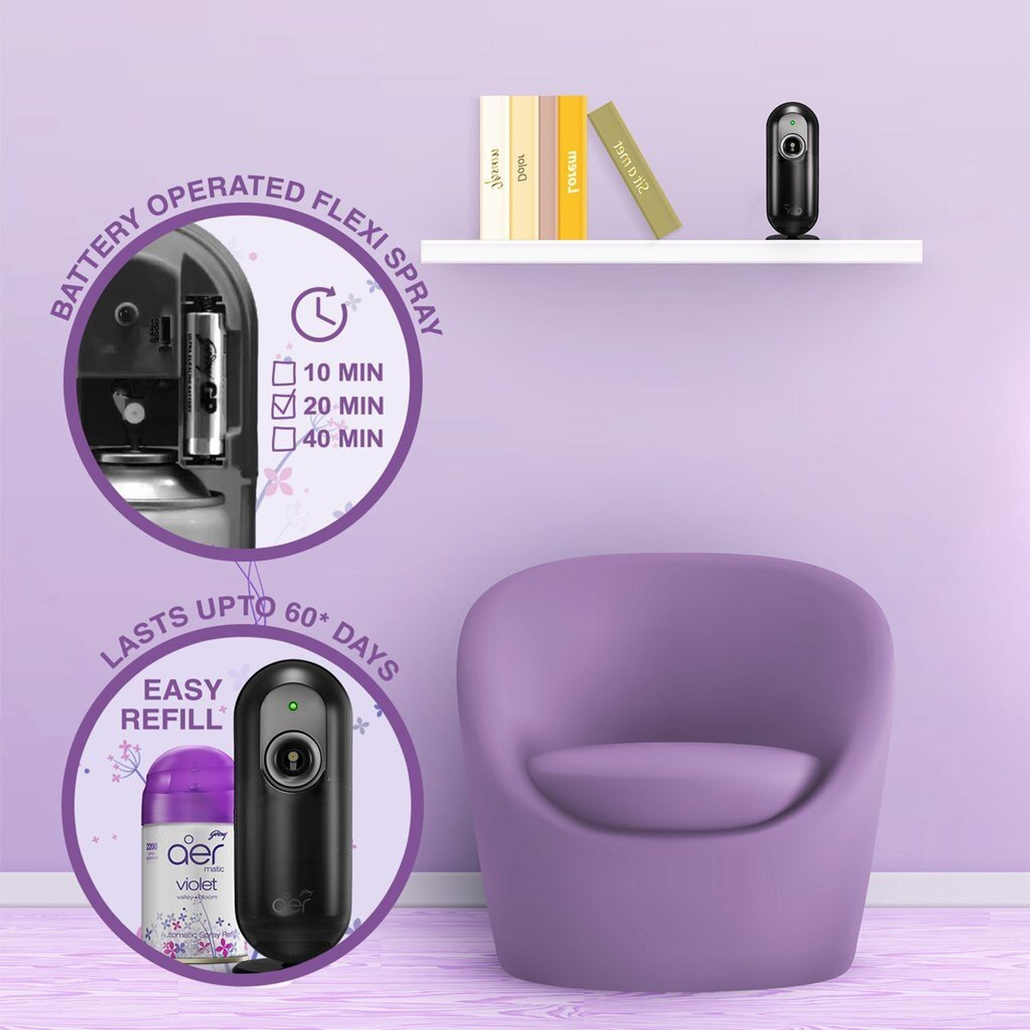 Image of Godrej violet valley bloom Automatic Spray matic automatic air freshener kit with flexi control violet valley bloom