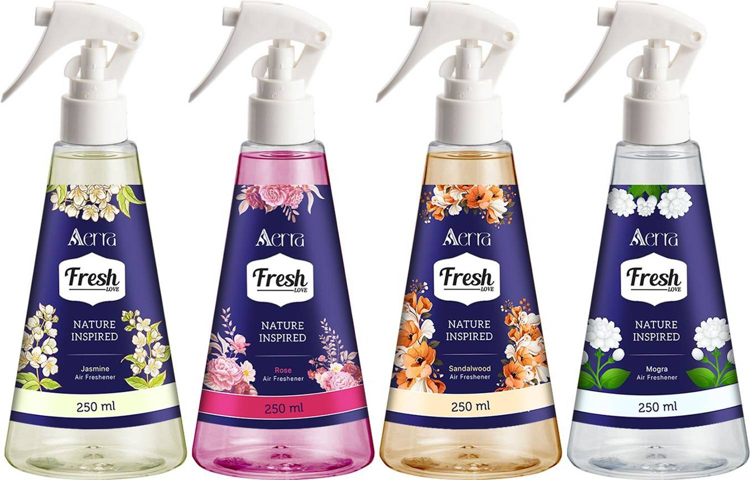 Aerra Jasmine, Rose, Sandalwood, Mogra Spray Air Freshener Spray Combo | Classic Indian Scents for Home, Car
